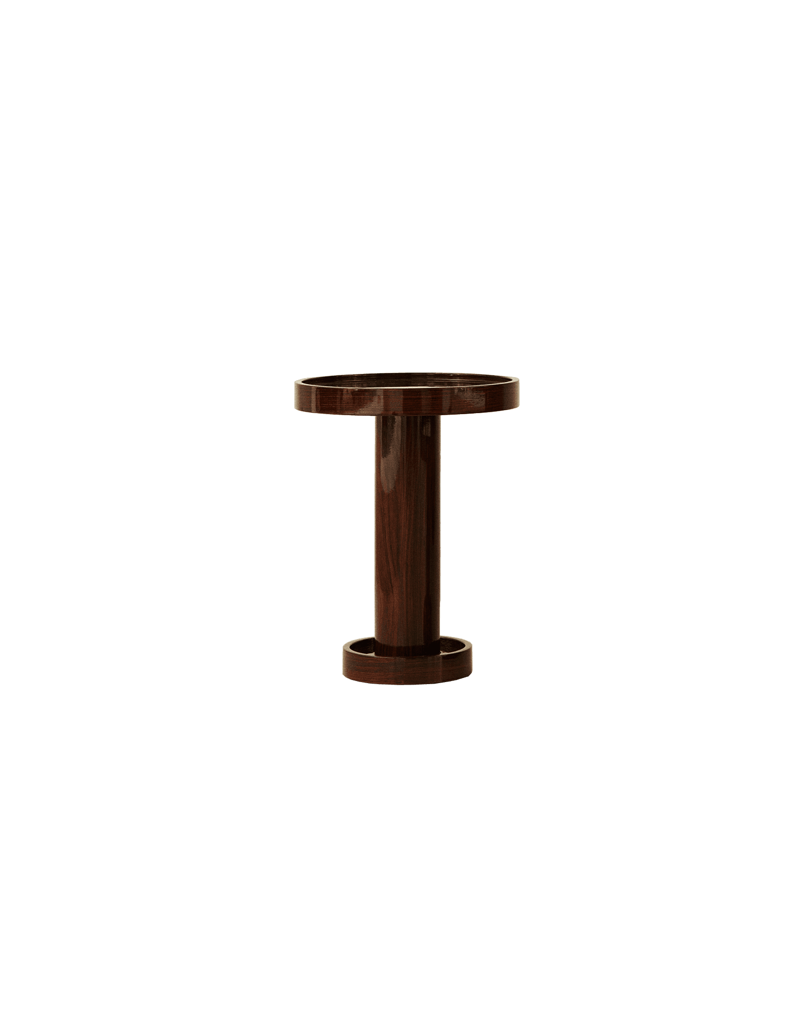 Trocadéro nesting coffee table in dark reddish-brown wood with cylindrical pedestal and tray-like edges, Marika Dru