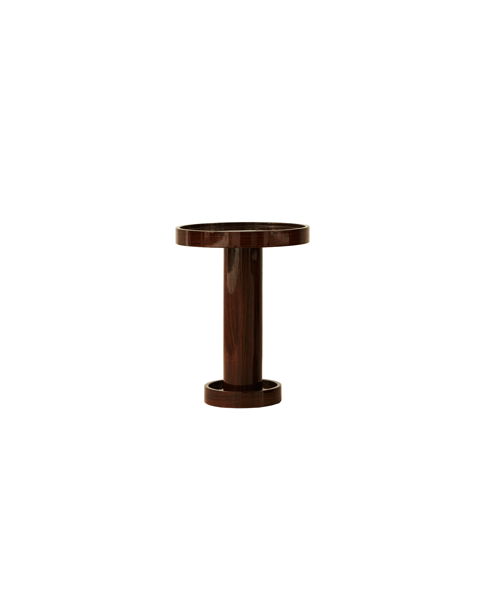 Trocadéro nesting coffee table in dark reddish-brown wood with cylindrical pedestal and tray-like edges, Marika Dru