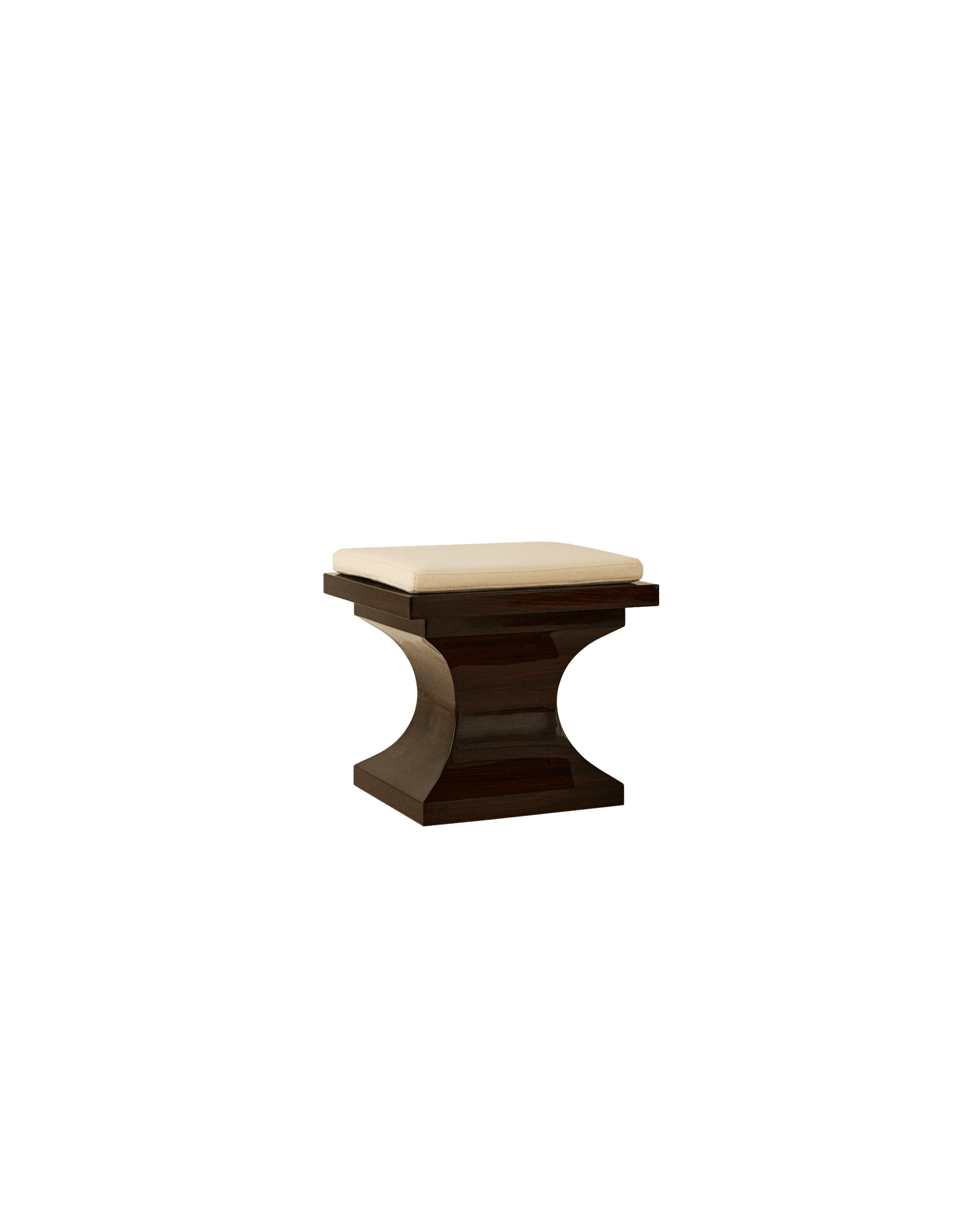 Trocadéro stool with dark polished wood hourglass base and cream textile cushion, Marika Dru
