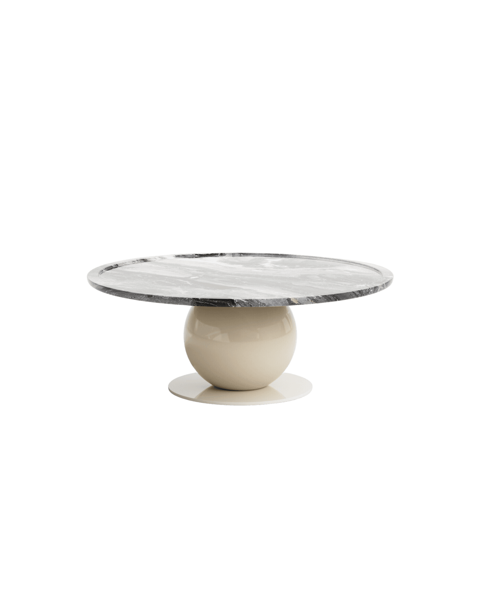 Alba Coffee Table by Le Berre Vevaud, circular grey marble top on cream spherical base, Umbra limited edition