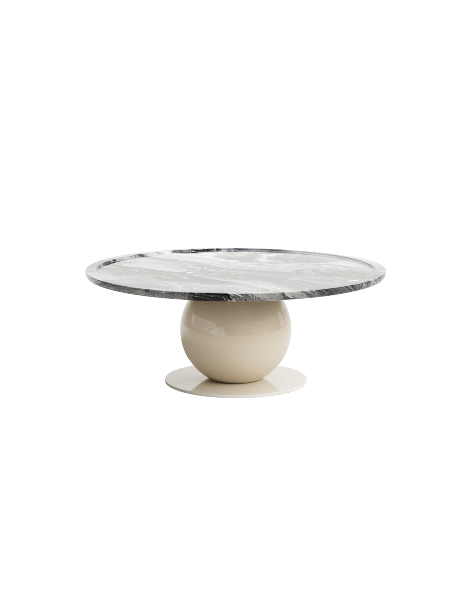 Alba Coffee Table by Le Berre Vevaud, circular grey marble top on cream spherical base, Umbra limited edition