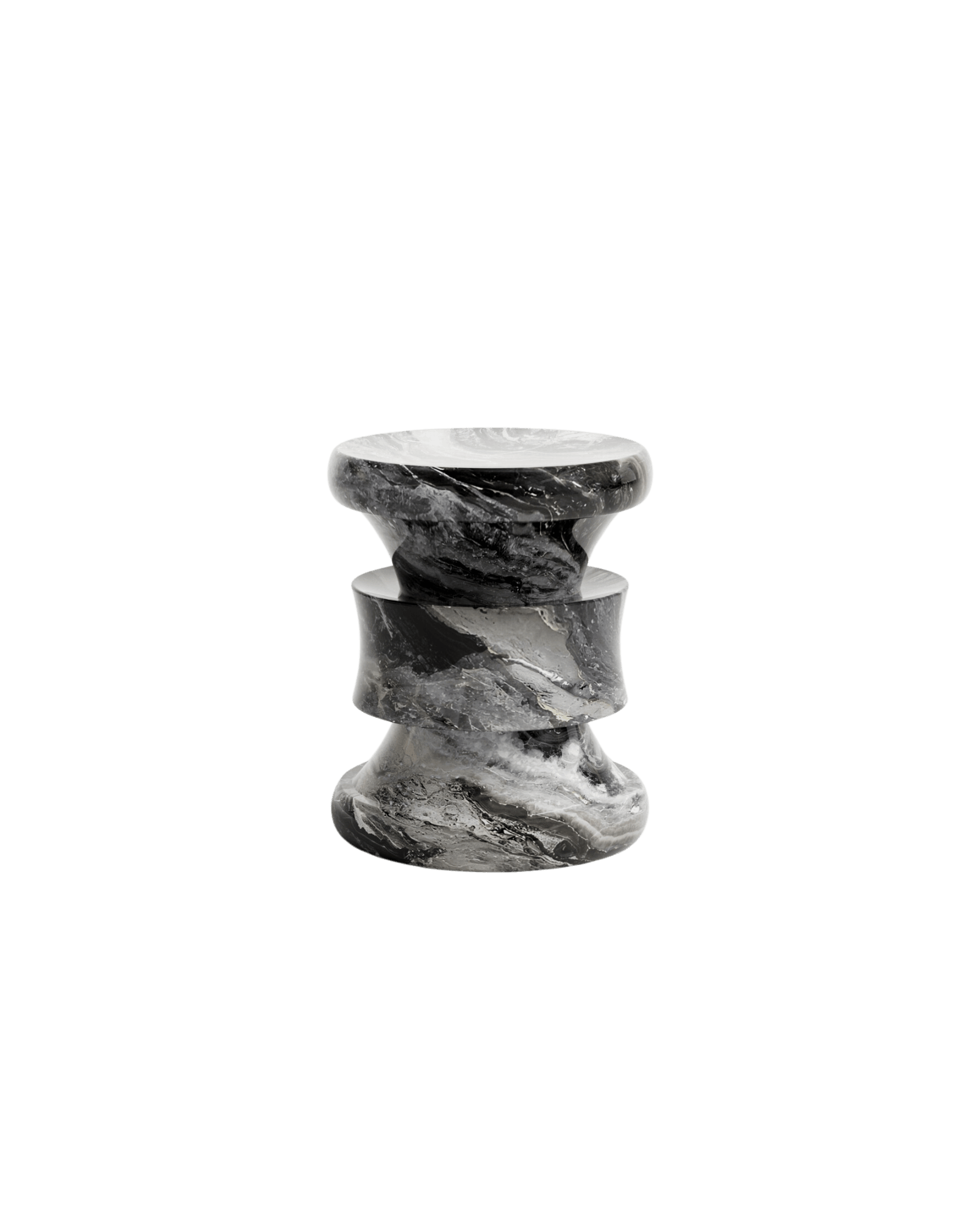 Barth Stool in Arabesco Orobico Grigio marble by Le Berre Vevaud, sculptural hourglass form, Umbra limited edition