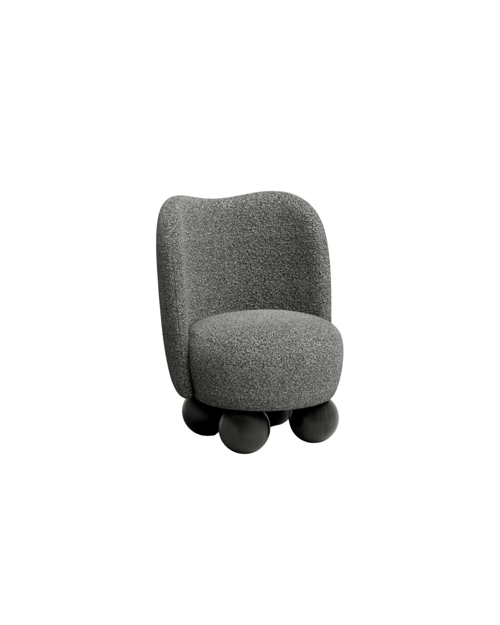 Peonia Armchair by Le Berre Vevaud, compact rounded form in textured grey upholstery on dark spherical legs, Umbra collection