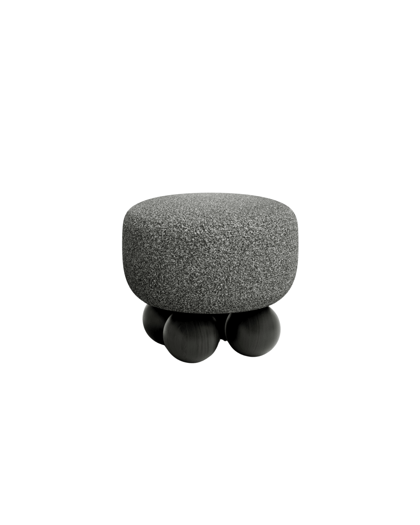 Peonia Ottoman by Le Berre Vevaud, cylindrical in speckled grey textile on dark spherical wood legs, Umbra collection