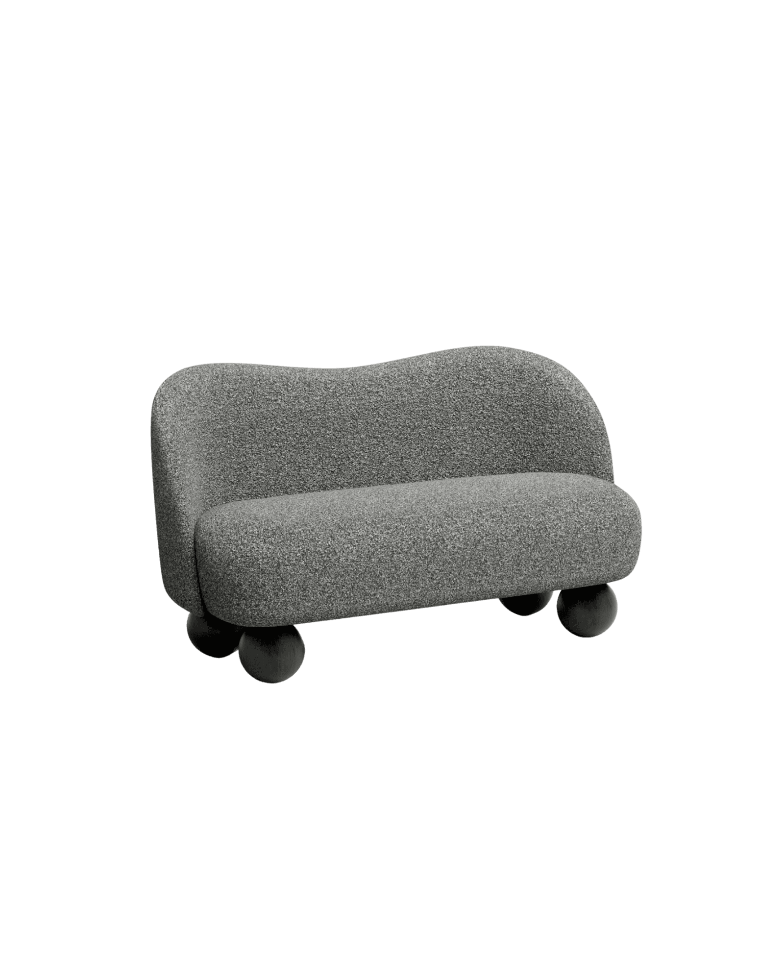 Victoria Sofa by Le Berre Vevaud, organic two-seater in textured grey upholstery with dark spherical legs, Umbra collection