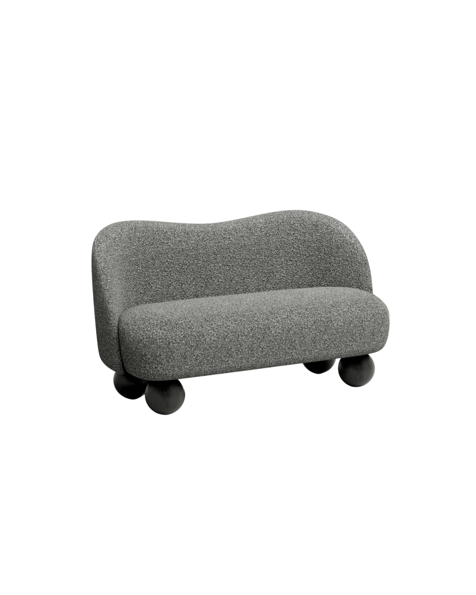 Victoria Sofa by Le Berre Vevaud, organic two-seater in textured grey upholstery with dark spherical legs, Umbra collection