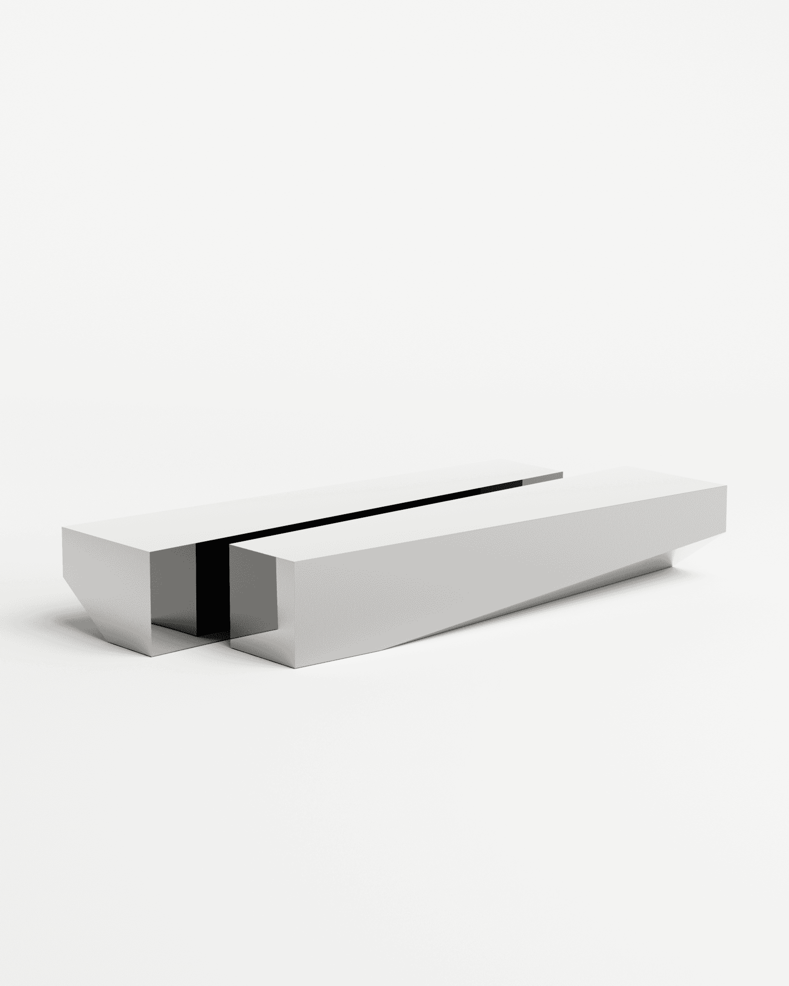 Bevel Bench chrome mirror by HADGE - two elongated polished light-grey steel forms with tapered base and narrow gap