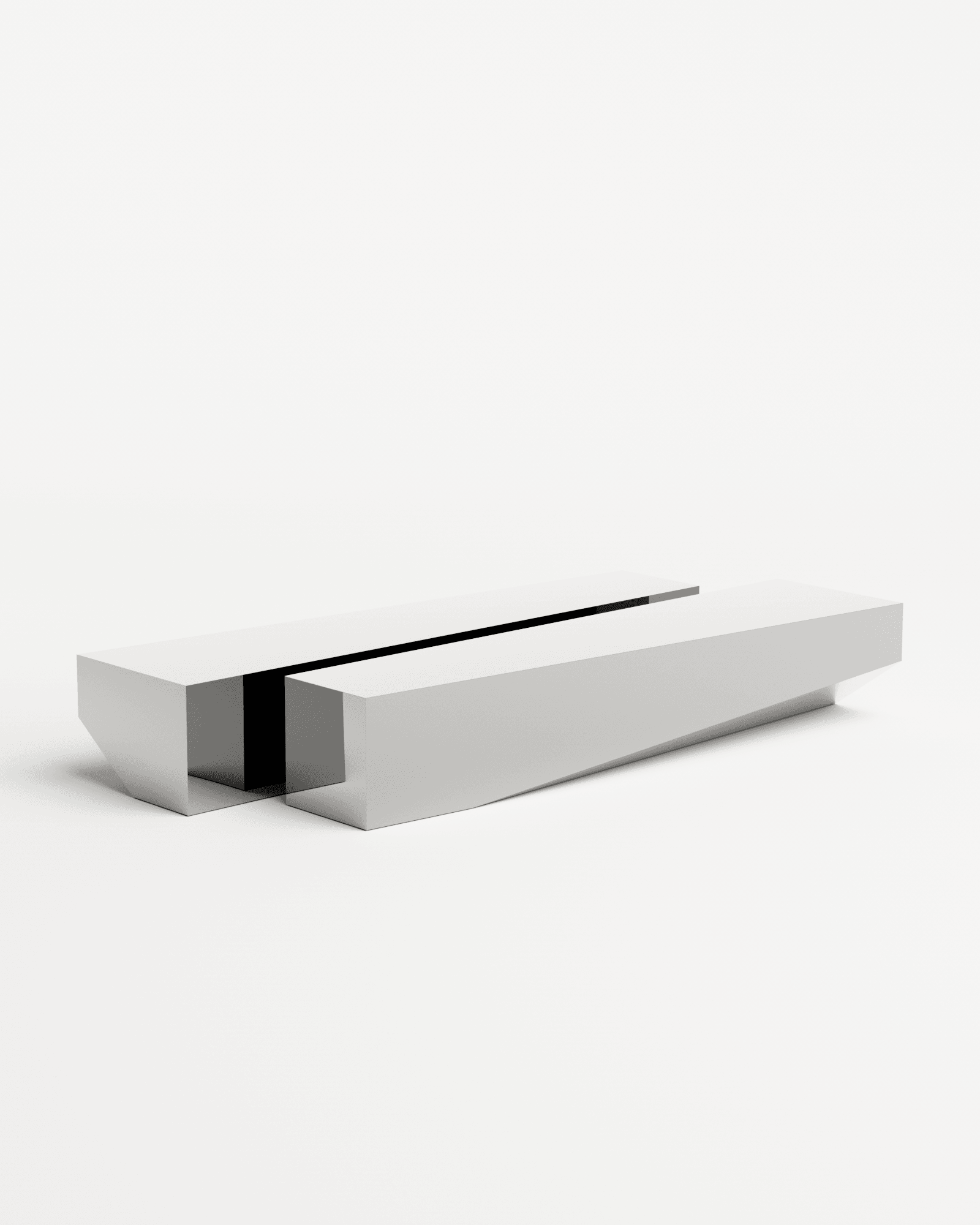 Bevel Bench chrome mirror by HADGE - two elongated polished light-grey steel forms with tapered base and narrow gap