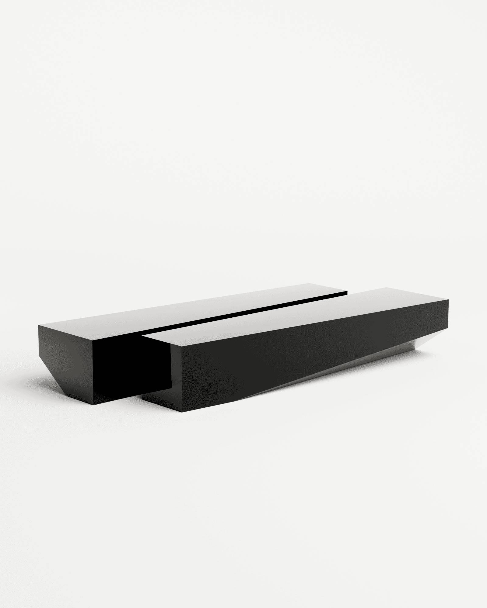 Bevel Bench in chrome mirror black by HADGE - two low elongated glossy black steel blocks with beveled edge