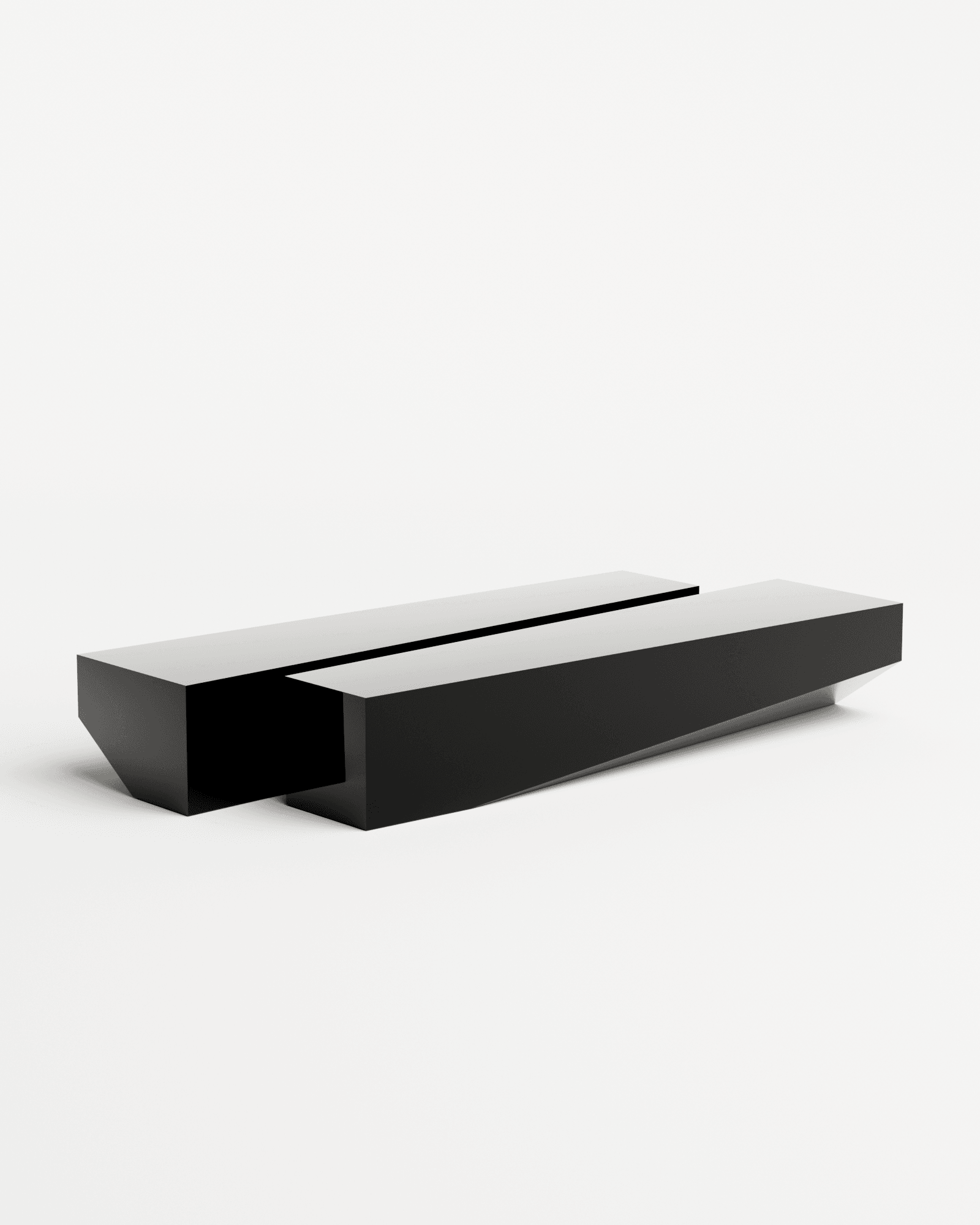 Bevel Bench in chrome mirror black by HADGE - two low elongated glossy black steel blocks with beveled edge