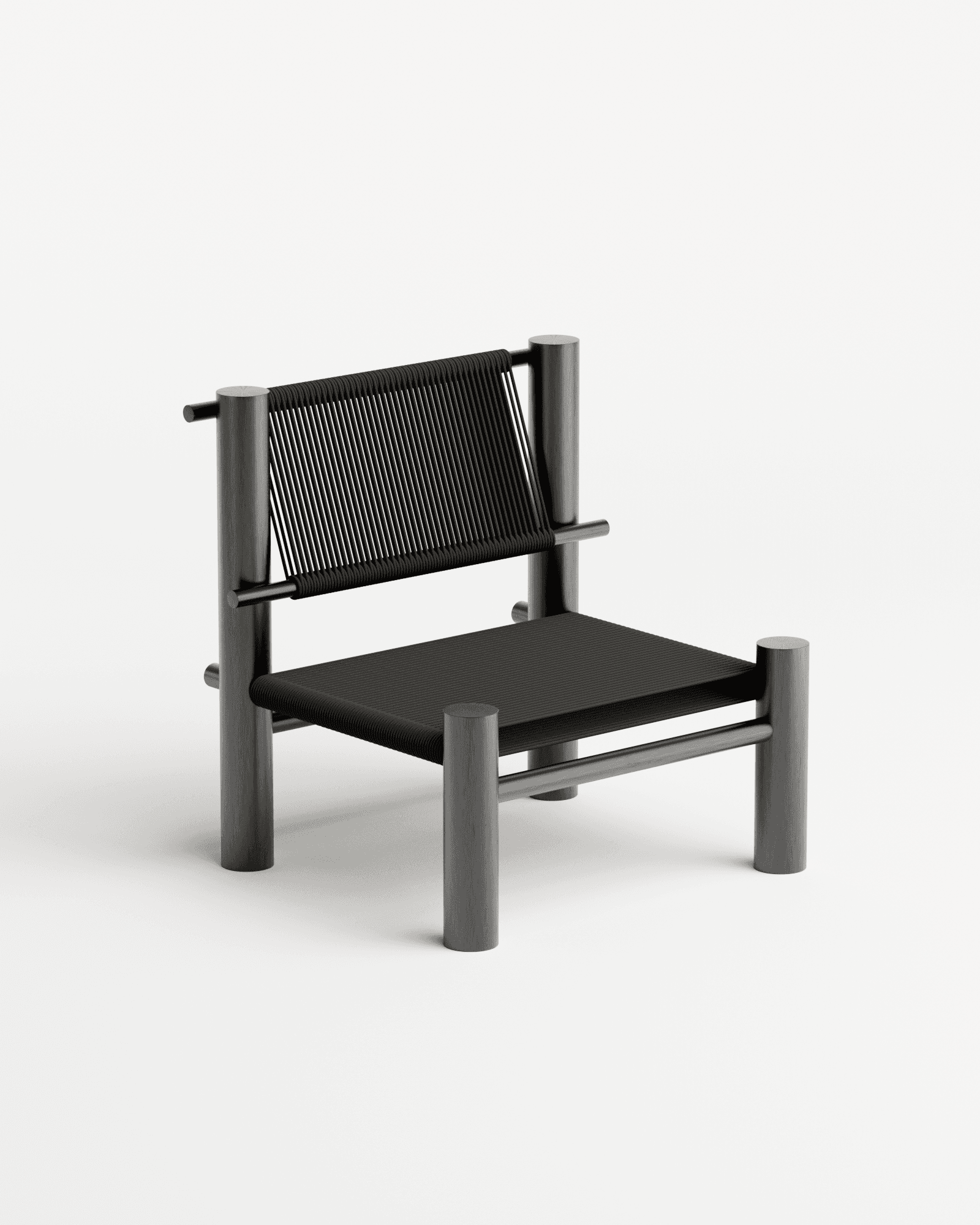 Undum and Bevel Chair in black by HADGE - aluminium frame with hand-woven black cord seat and back, low-profile