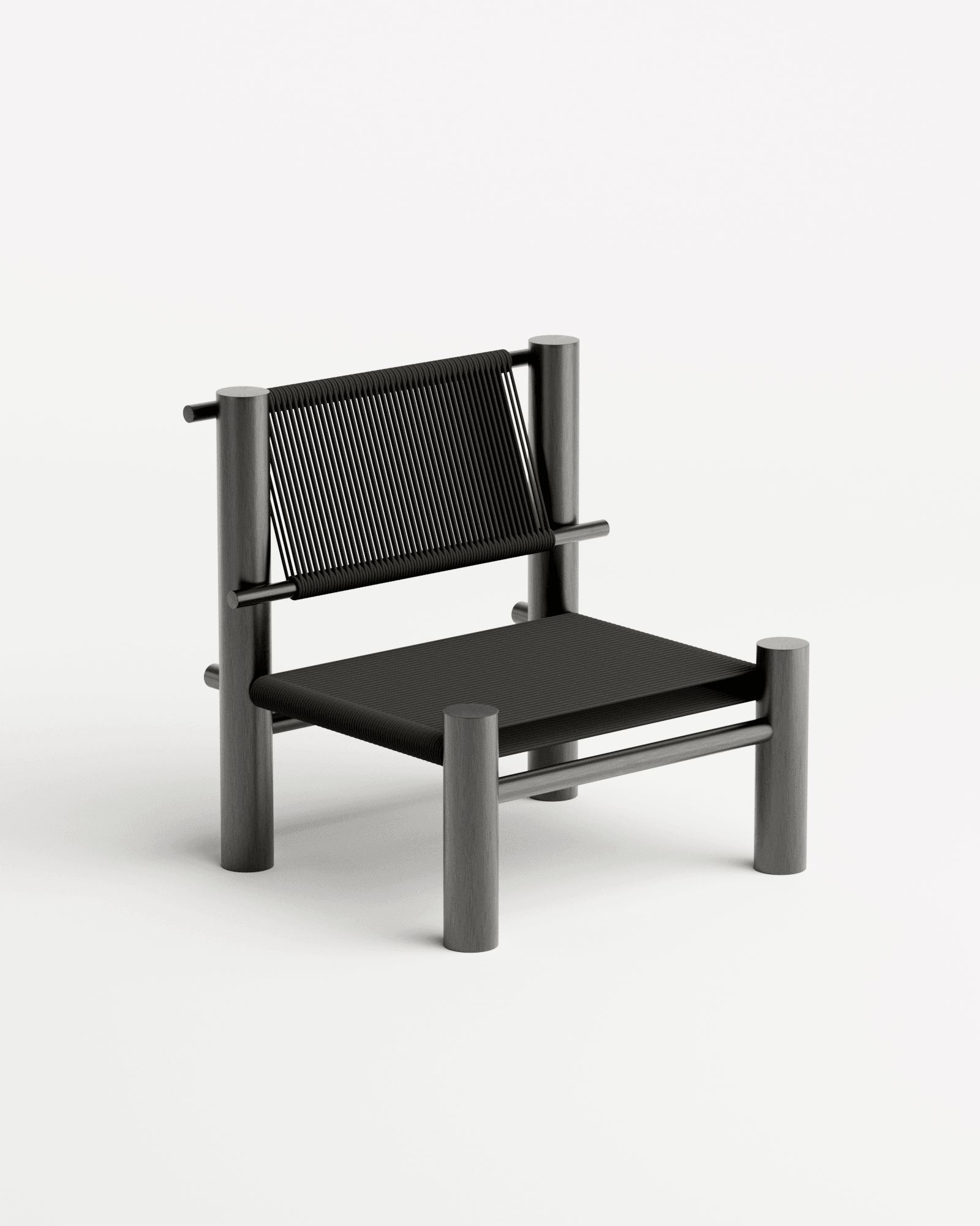 Undum and Bevel Chair in black by HADGE - aluminium frame with hand-woven black cord seat and back, low-profile