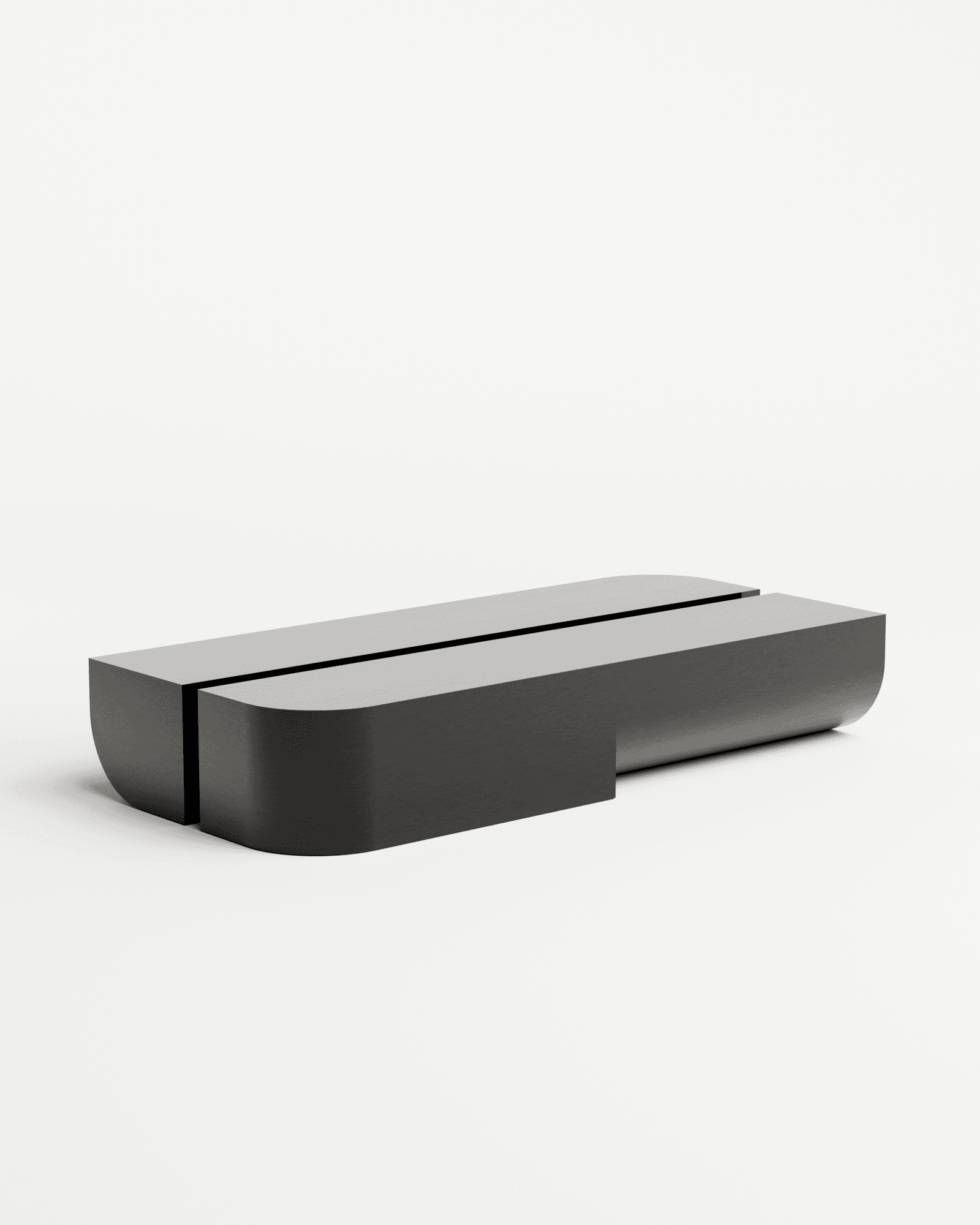 Undum and Bevel Coffee Table black by HADGE - two brushed steel modules with central linear groove, minimalist Belgian design