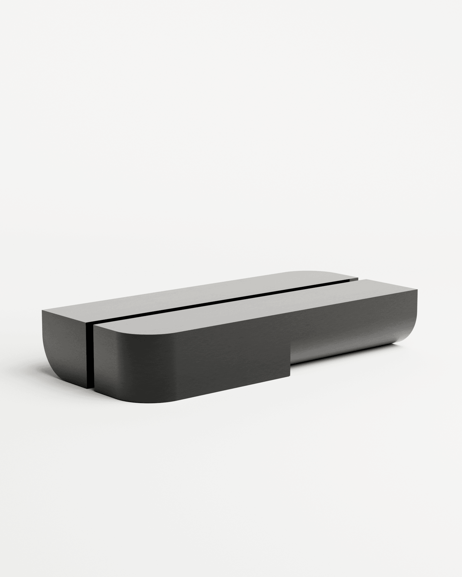 Undum and Bevel Coffee Table black by HADGE - two brushed steel modules with central linear groove, minimalist Belgian design
