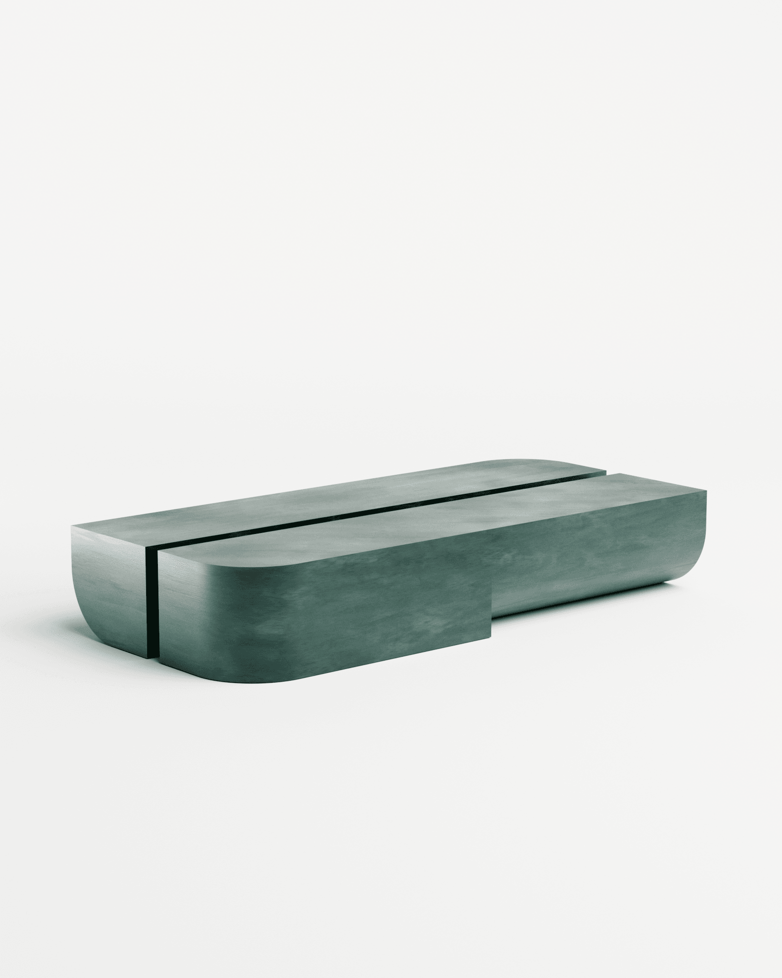Undum Coffee Table in polished green steel by HADGE - two modular patinated greenish-blue steel segments with rounded ends