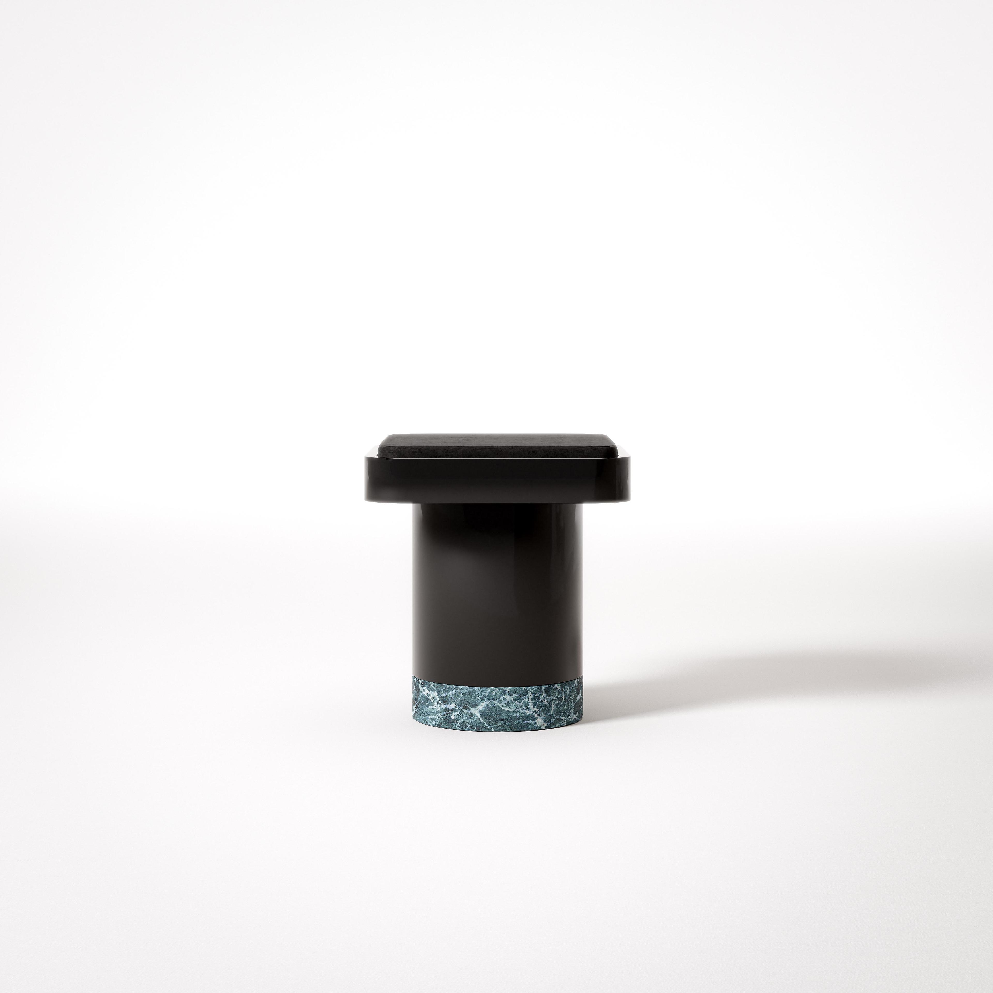 Eros T-shaped accent piece by Giulio Zizzari – matte black top, teal marble base, Urano collection