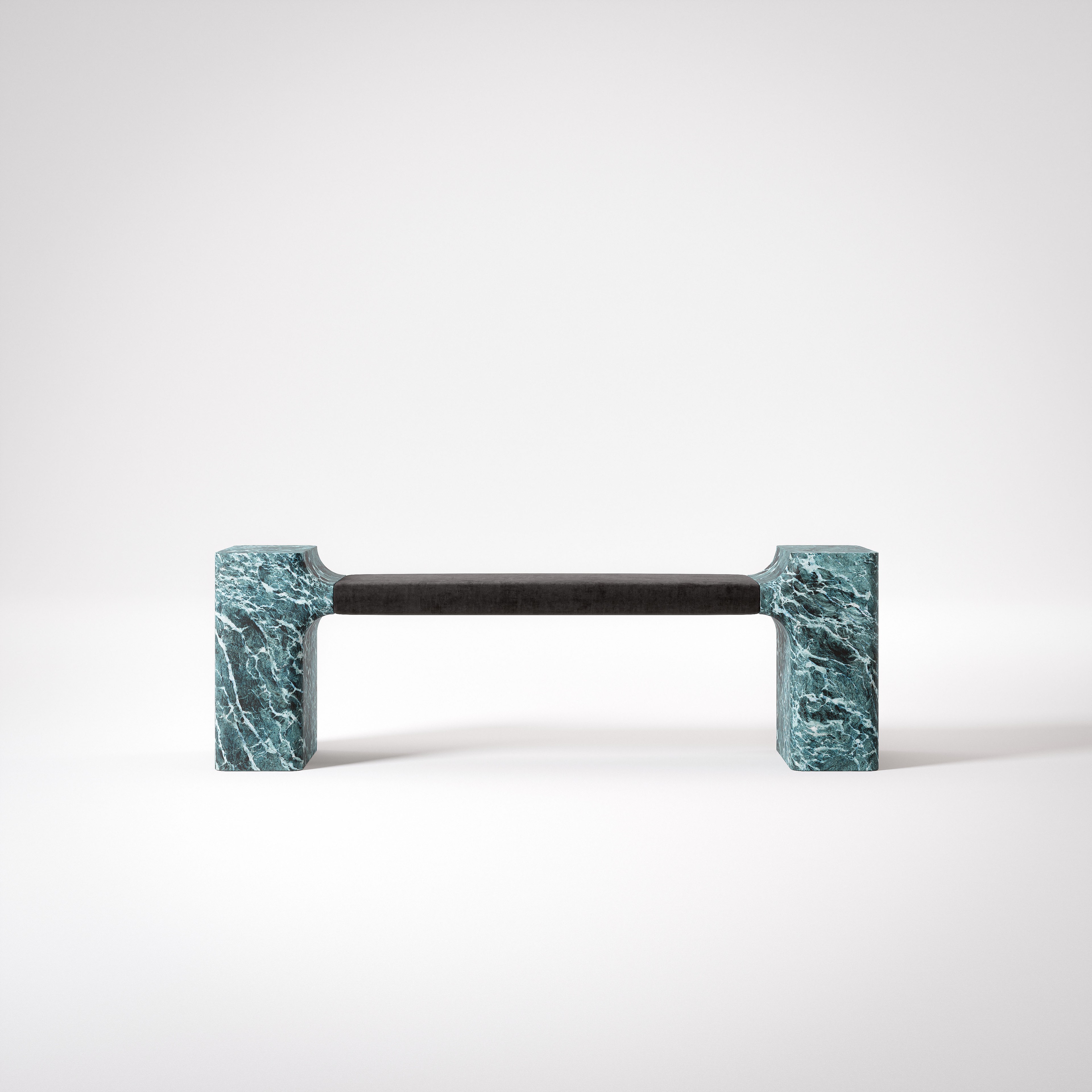 Vega bench by Giulio Zizzari – teal Verde Alpi marble ends, charcoal textile cushion, Urano