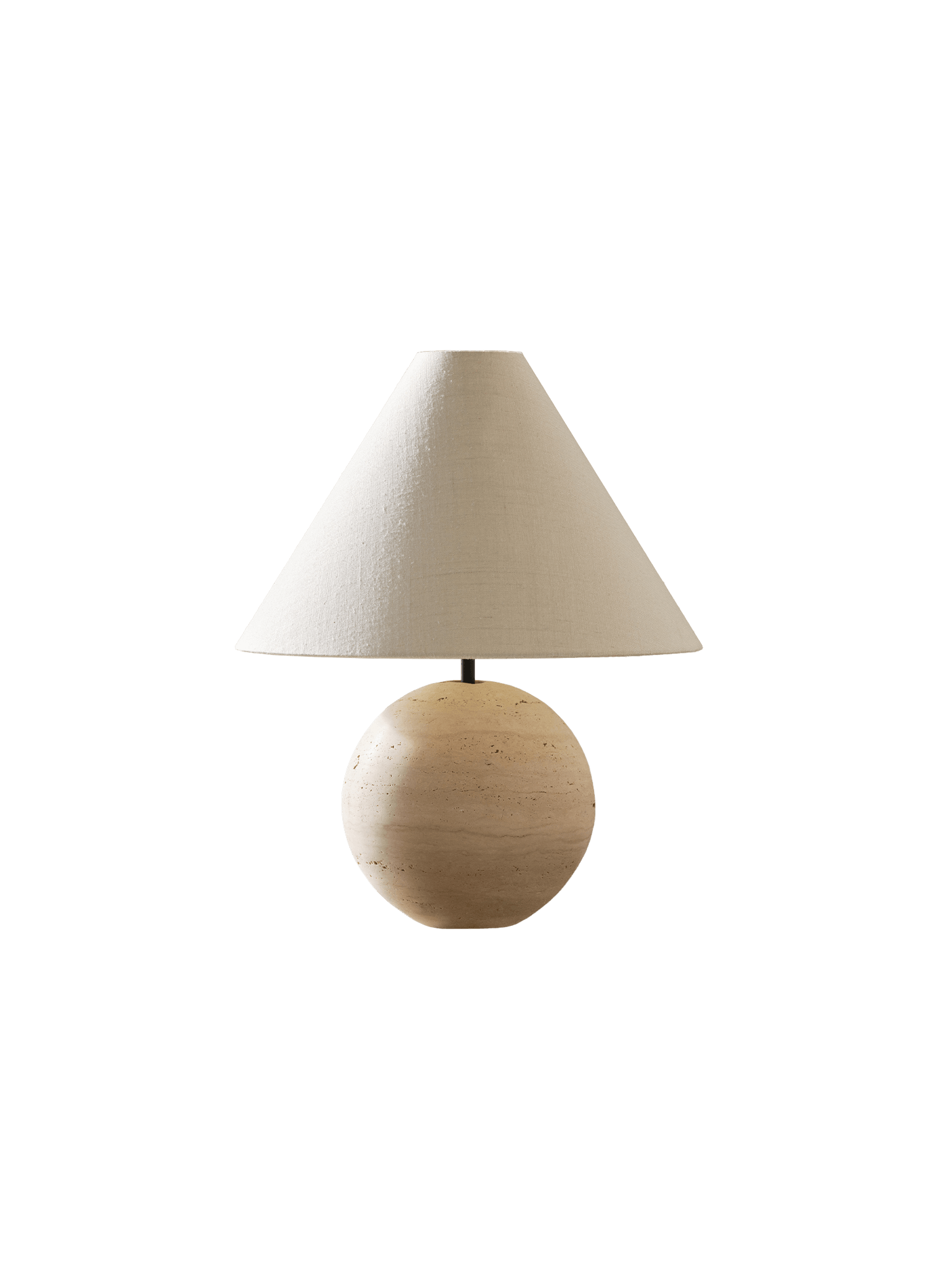 Arrow Table Lamp L by Veermakers – travertine sphere base, slender dark metal stem, wide conical fabric shade