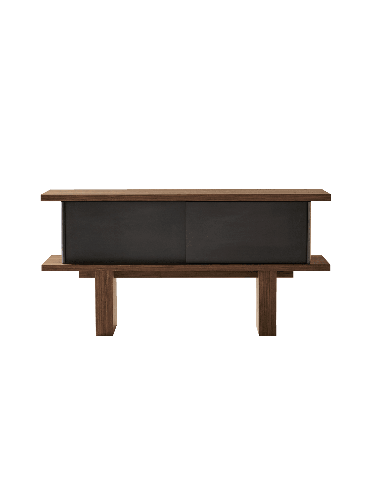 Case Sideboard by Veermakers – dark walnut slab construction with suspended grey steel cabinet and two sliding doors