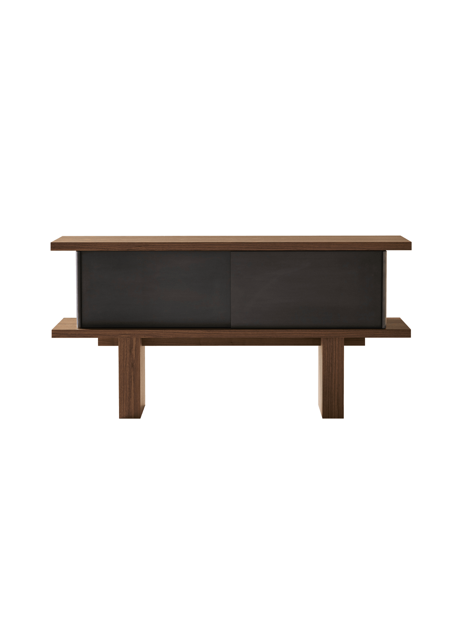 Case Sideboard by Veermakers – dark walnut slab construction with suspended grey steel cabinet and two sliding doors