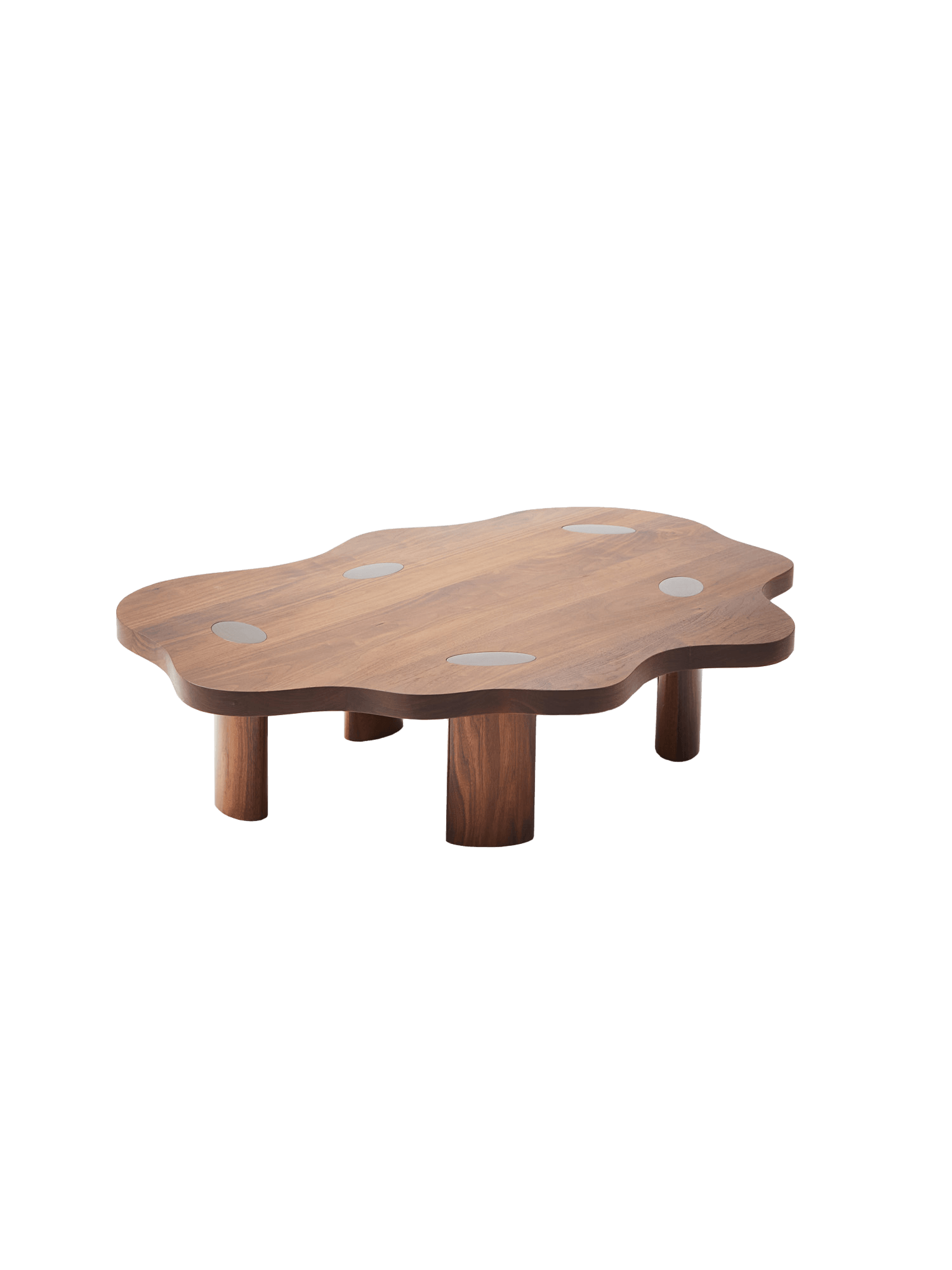 Cloud Coffee Table L by Veermakers – dark walnut, organic cloud-shaped top with four grey oval inlays, five cylindrical legs