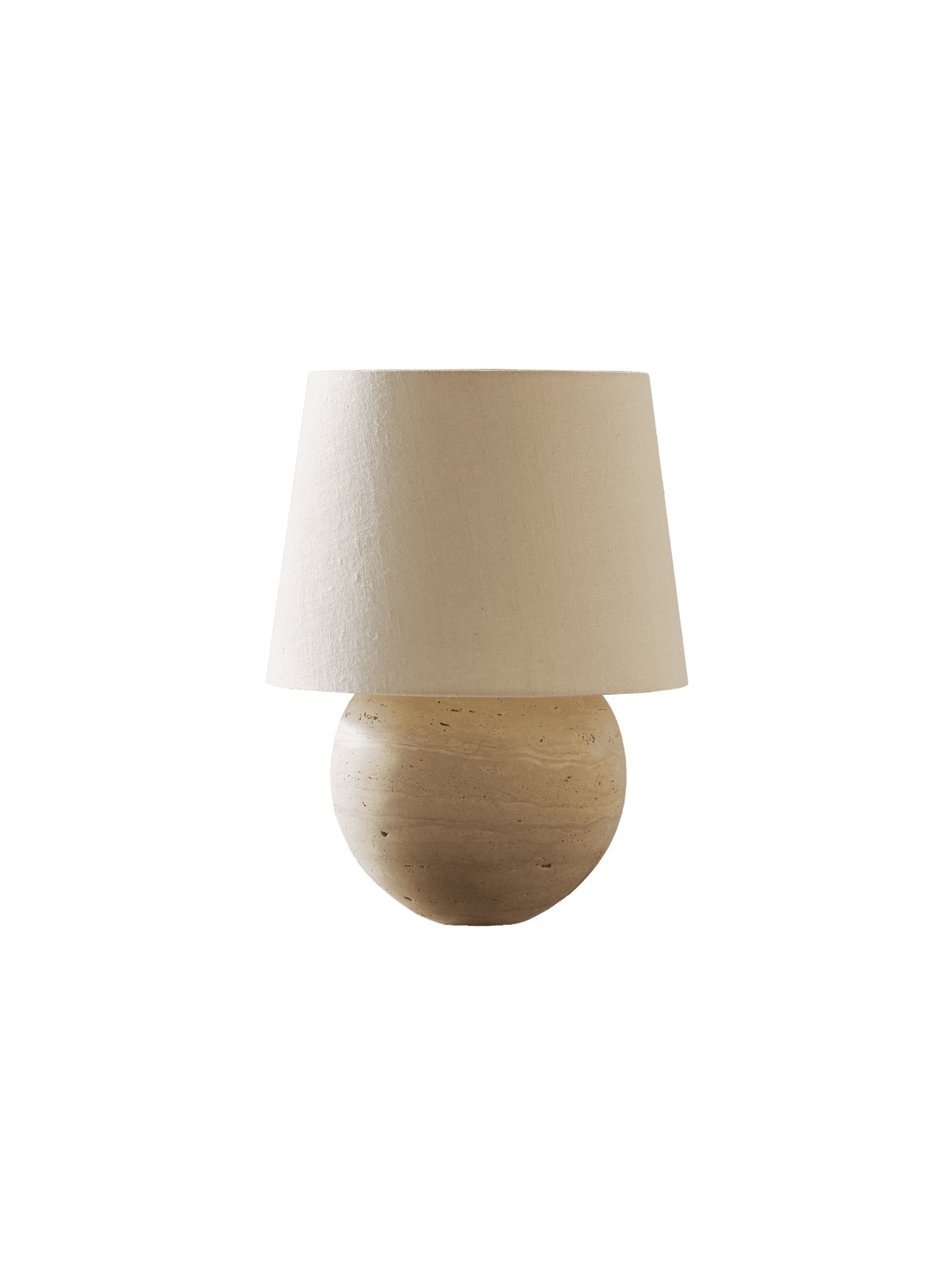 Frank Table Lamp L by Veermakers – spherical travertine base, conical off-white textile shade, compact integrated form