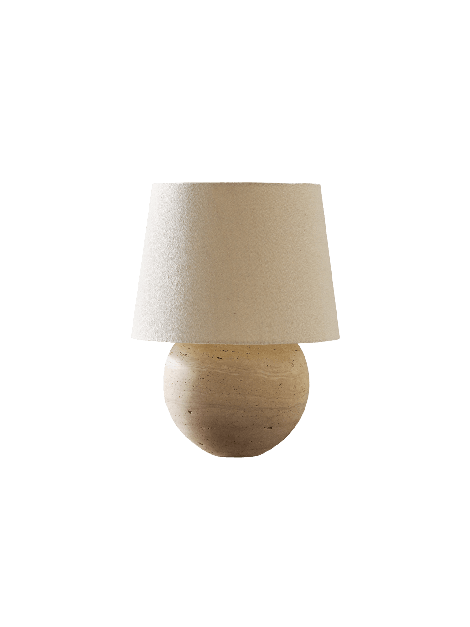 Frank Table Lamp L by Veermakers – spherical travertine base, conical off-white textile shade, compact integrated form