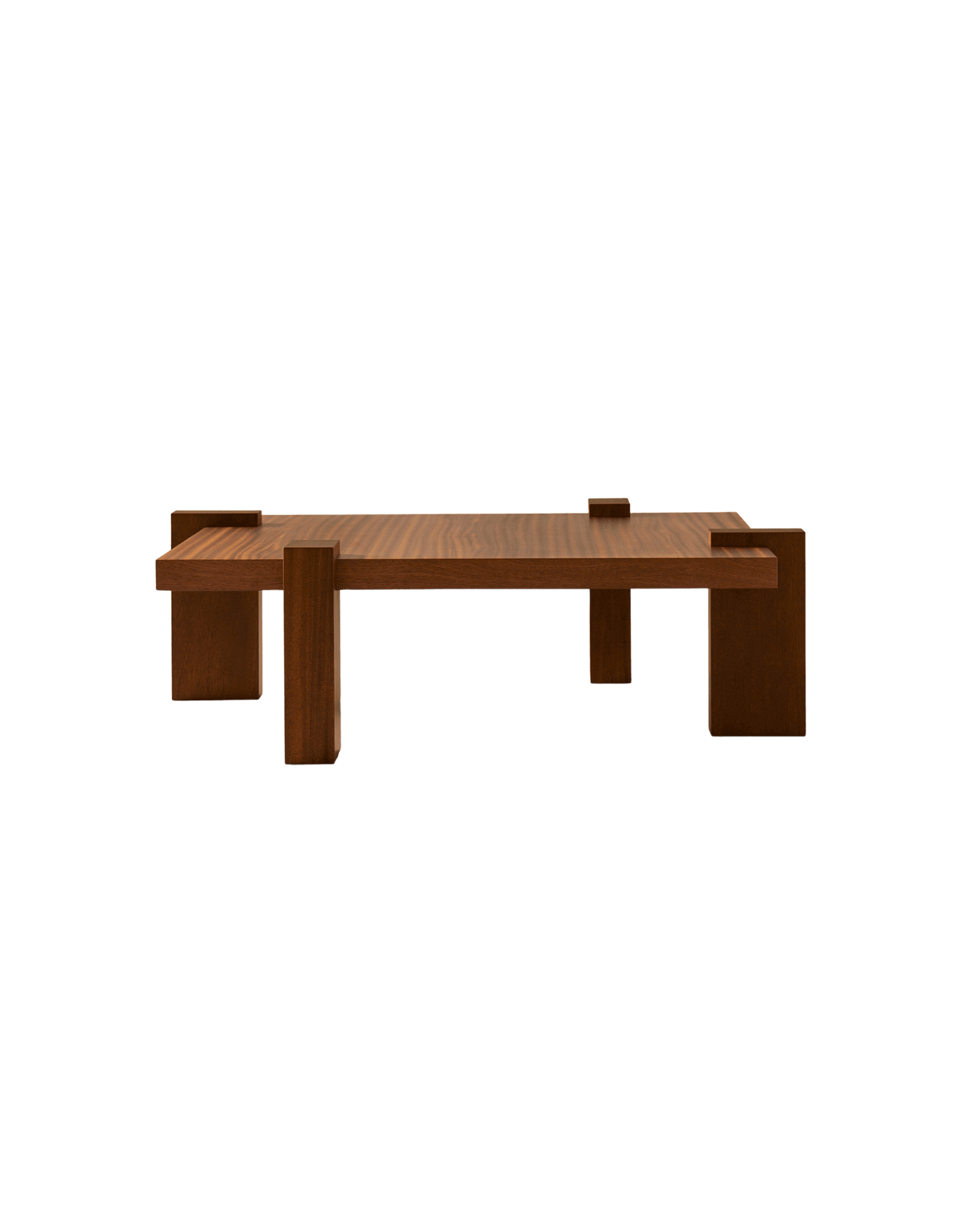 Hug Coffee Table L by Veermakers – solid mahogany, interlocking leg structure, thick rectangular top, warm brown finish