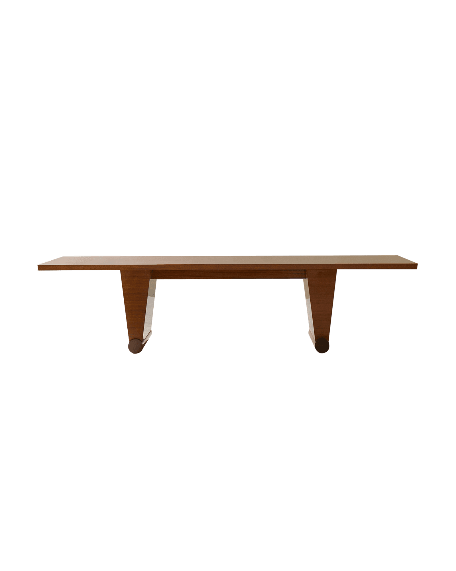 MAR Dining Table by Veermakers – mahogany, angled tapering legs on cylindrical horizontal base, slender top