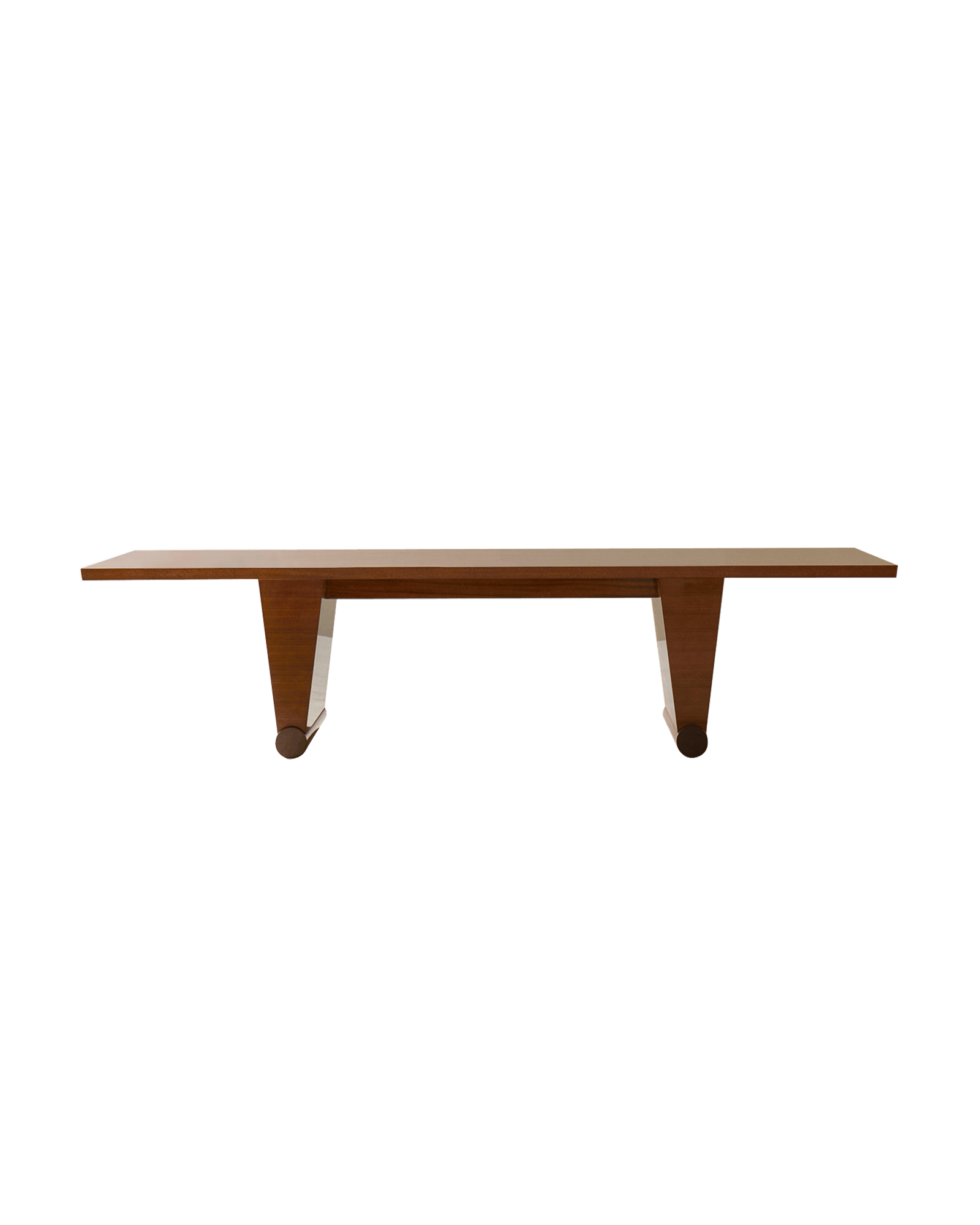 MAR Dining Table by Veermakers – mahogany, angled tapering legs on cylindrical horizontal base, slender top