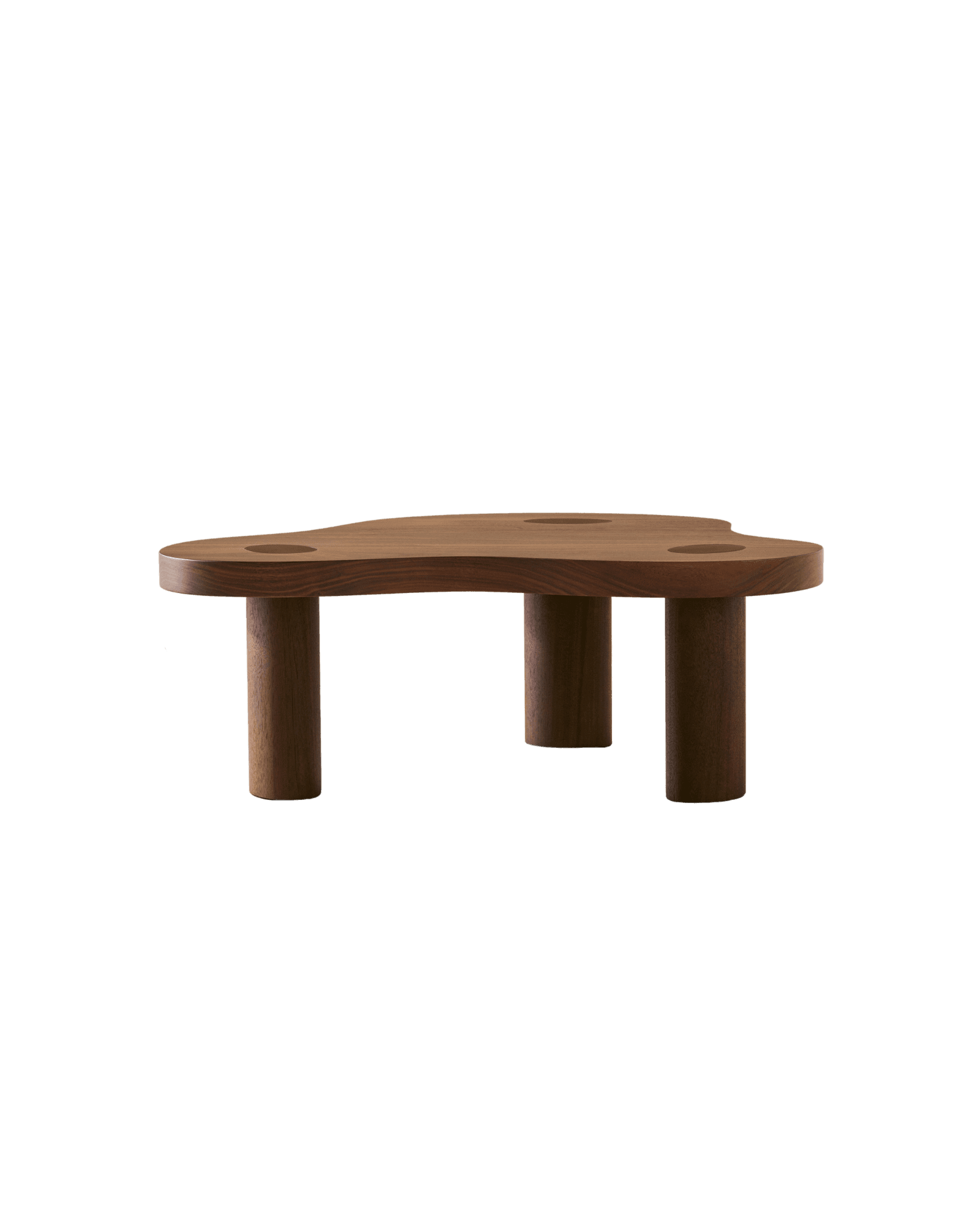 Mini Cloud Side Table by Veermakers – dark walnut, organic freeform top with three circular recesses, three cylindrical legs