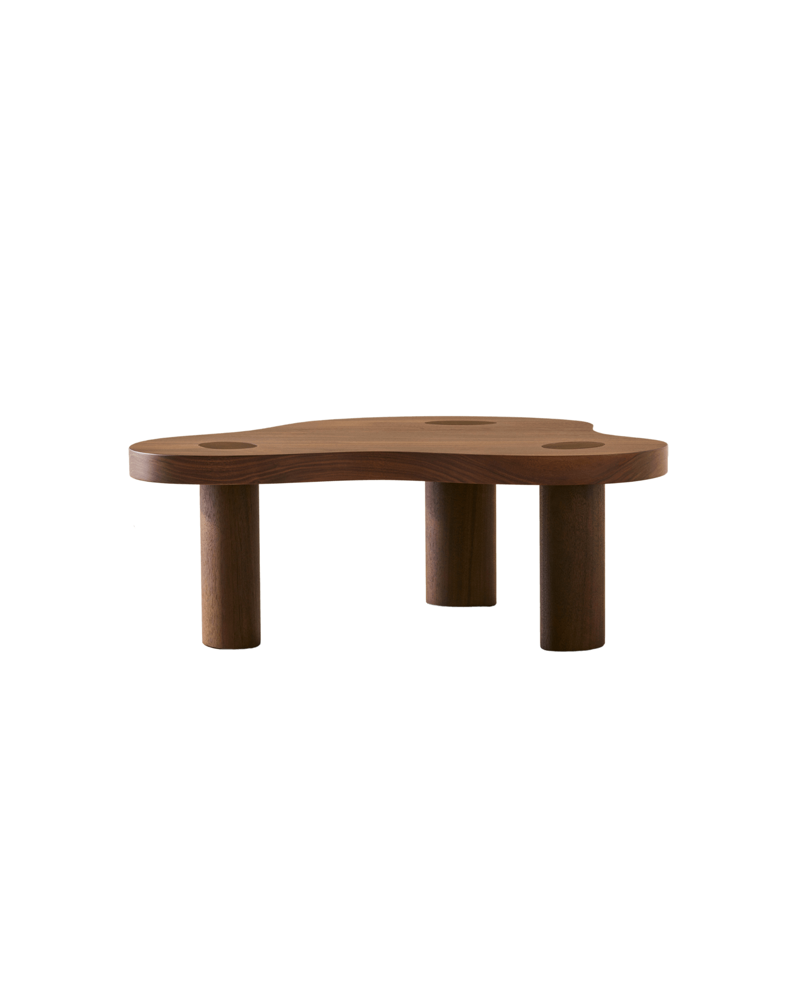 Mini Cloud Side Table by Veermakers – dark walnut, organic freeform top with three circular recesses, three cylindrical legs