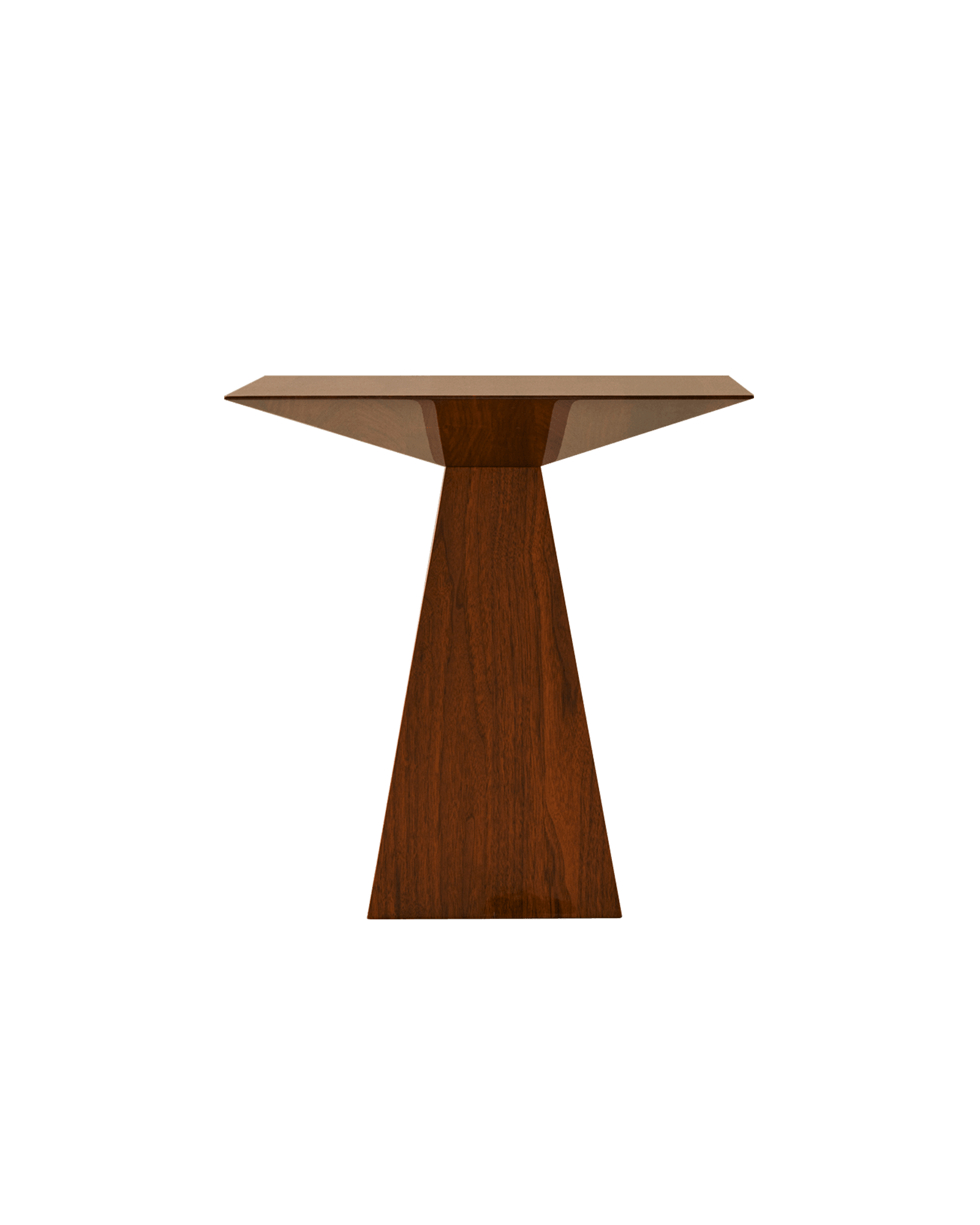 SFS Small Side Table by Veermakers – mahogany, flat geometric top on tapered architectural pedestal, warm brown finish