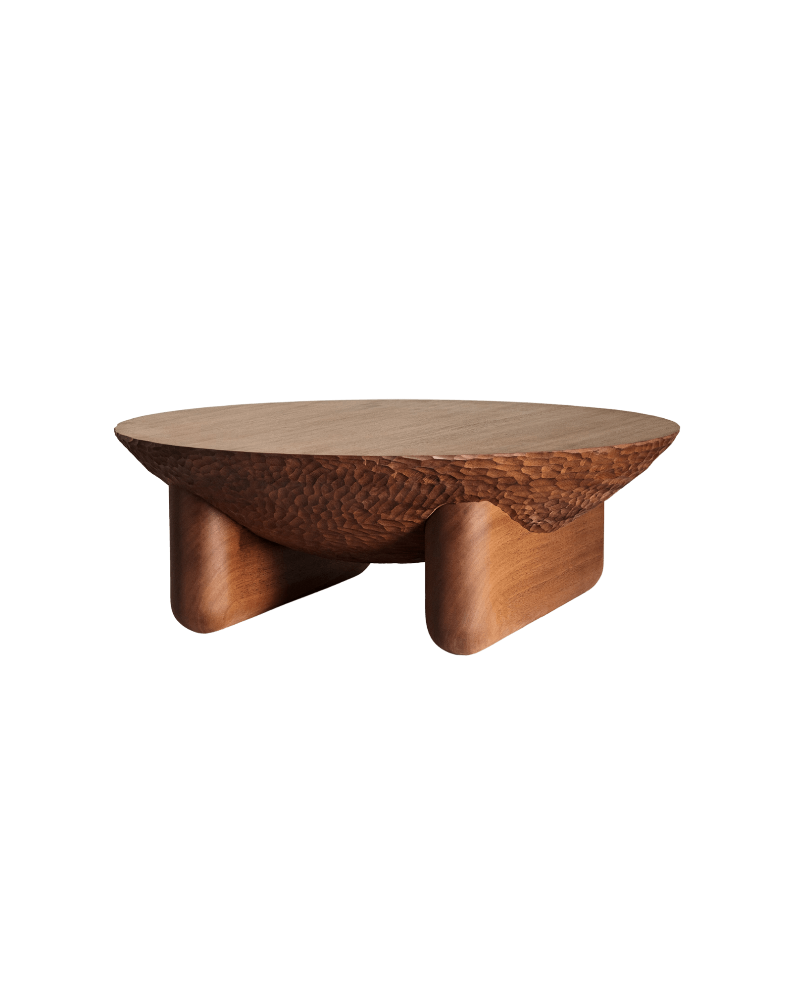 SKL Coffee Table by Veermakers – round mahogany, smooth top surface over hand-carved bowl-shaped base, three curved legs