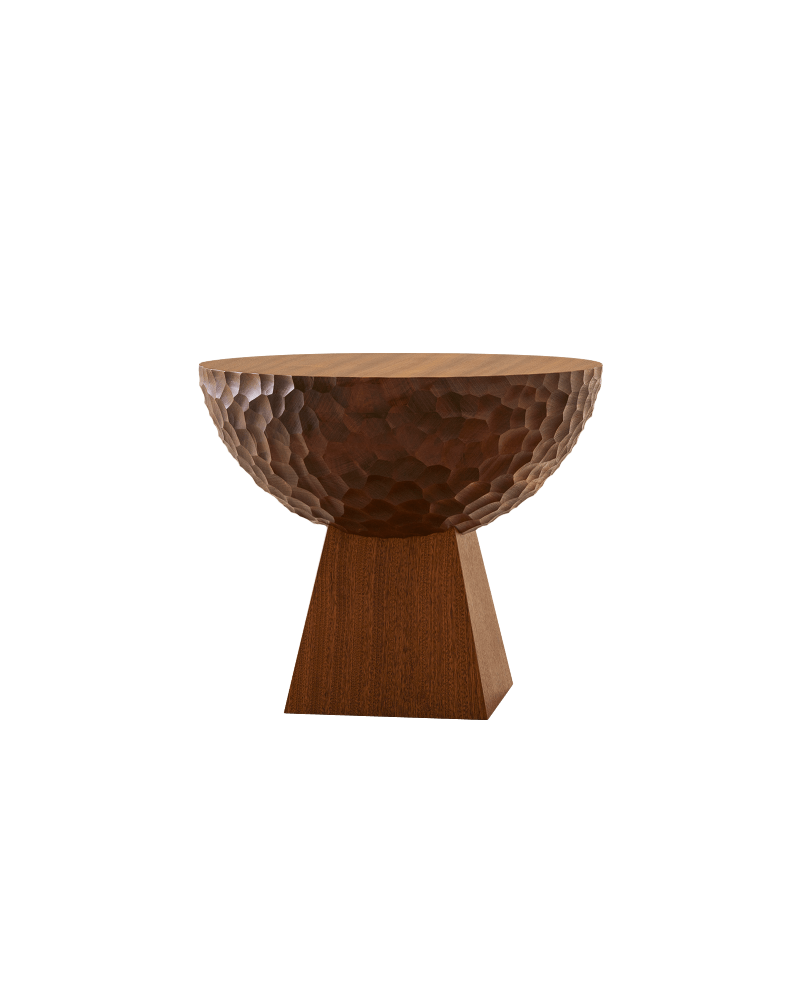 SKS Side Table by Veermakers – mahogany, wide shallow bowl top with hand-carved hammered exterior, tapered rectangular base