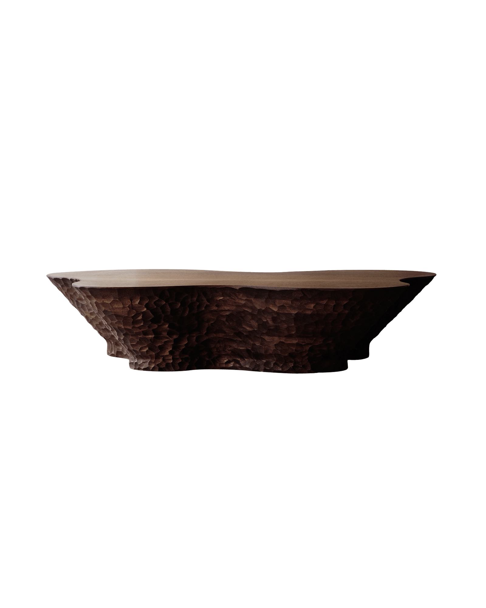 SSU Carved Coffee Table L by Veermakers – walnut, smooth top contrasting deeply hand-carved textured base, organic silhouette