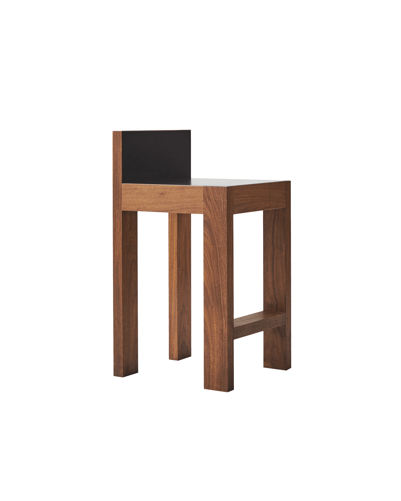 Strict Bar Stool by Veermakers – walnut, square-profile legs, black backrest panel, footrest, Scandinavian minimalism