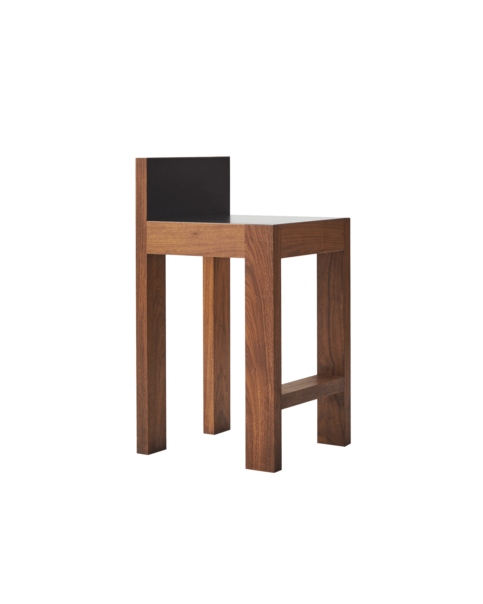 Strict Bar Stool by Veermakers – walnut, square-profile legs, black backrest panel, footrest, Scandinavian minimalism