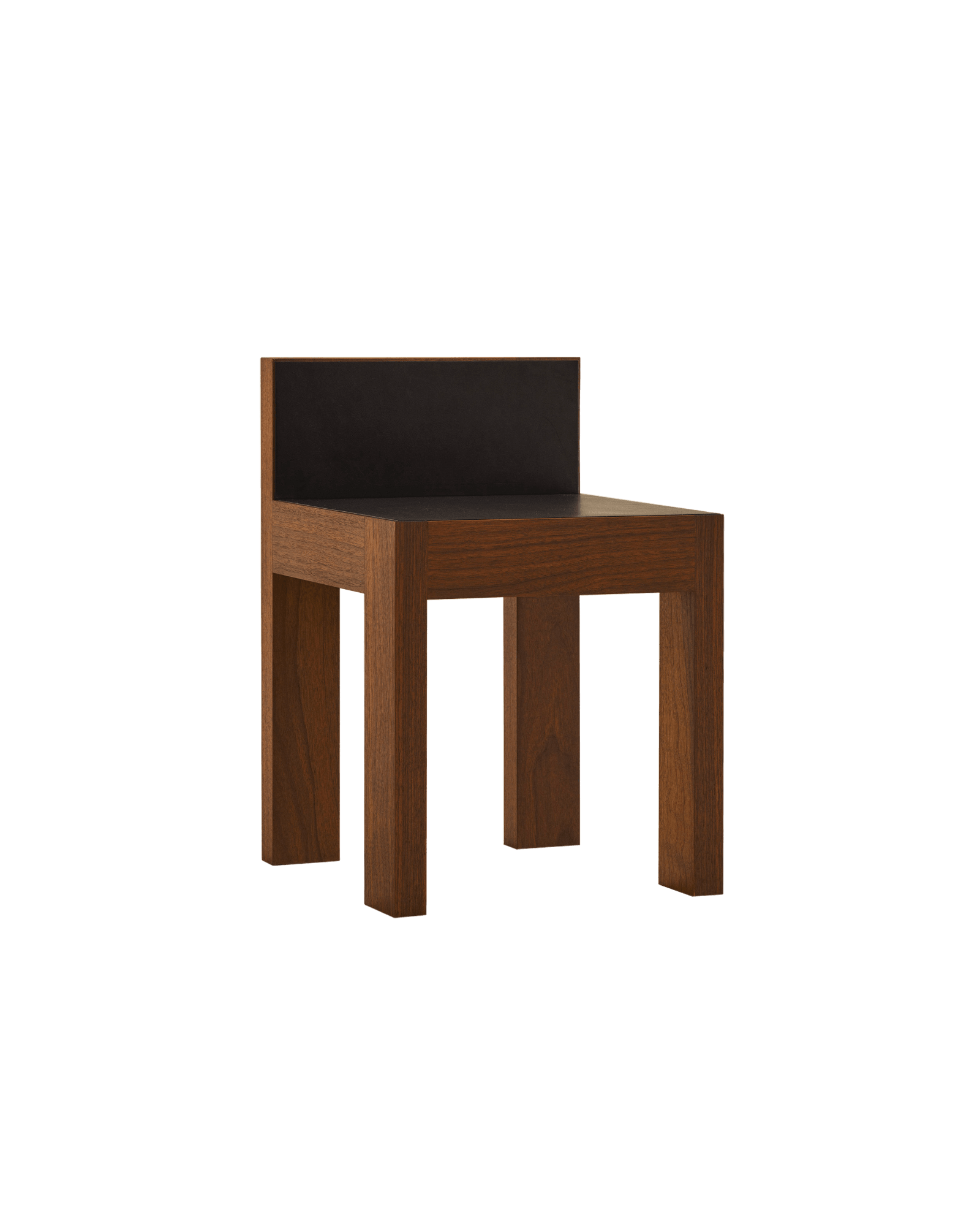 Strict Small Stool by Veermakers – dark walnut frame, square-profile legs, solid matte black seat and short backrest