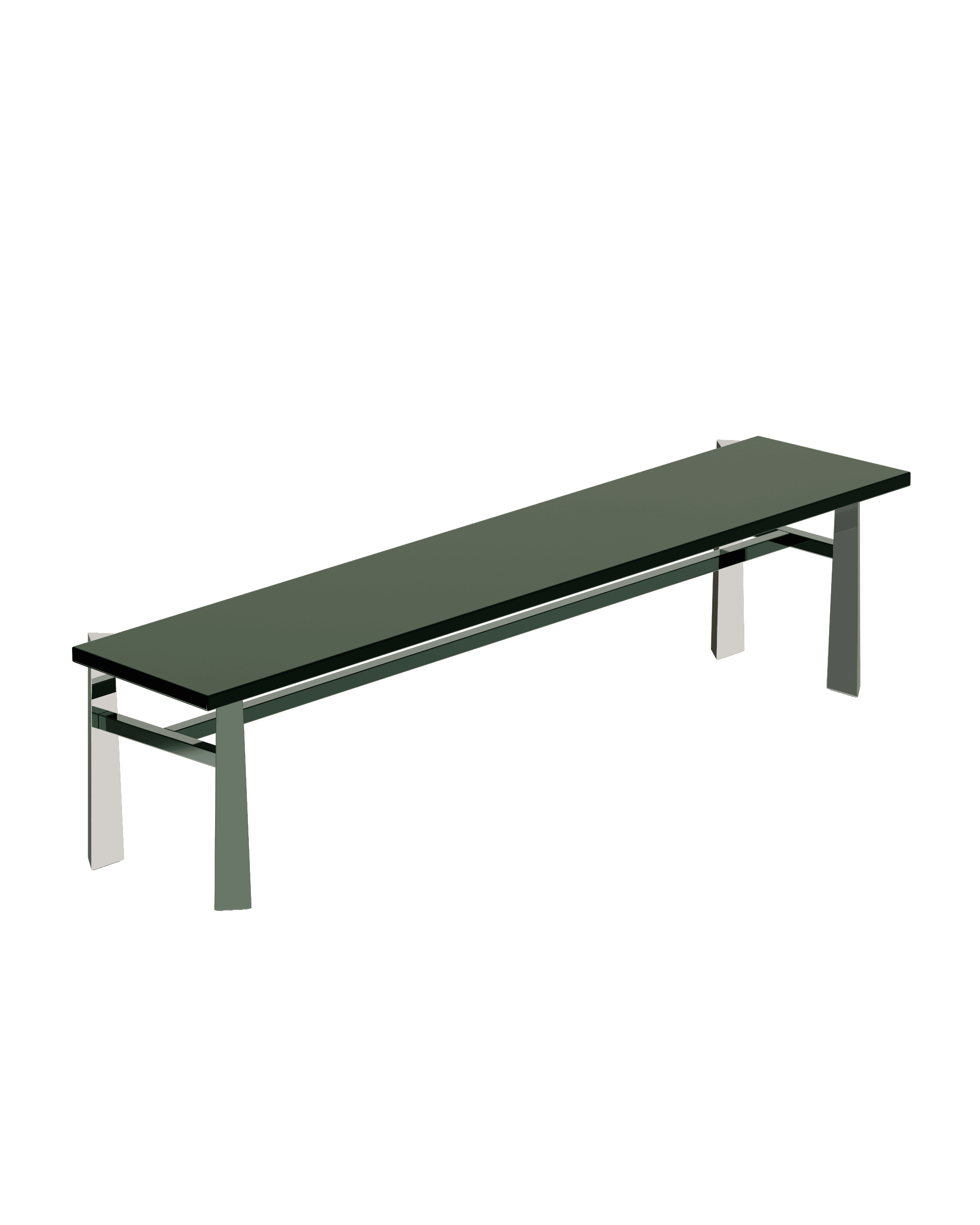 Whoody bench in deep muted green glass with metal A-frame legs by José Lévy, contemporary designer seating