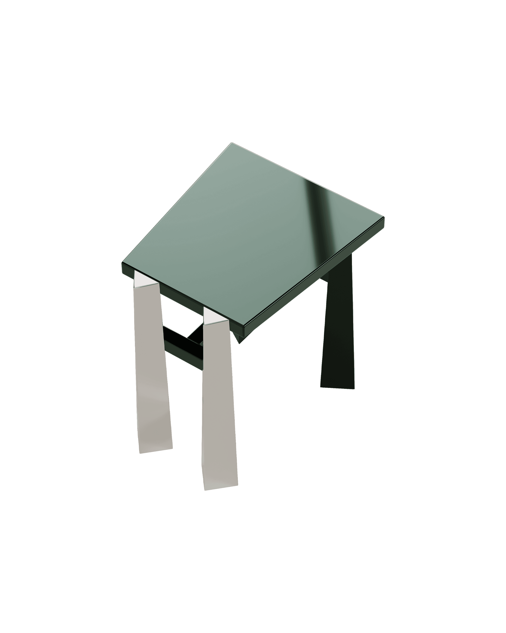 Whoody stool in dark teal lacquered glass by José Lévy, minimalist geometric seating, Monde Singulier