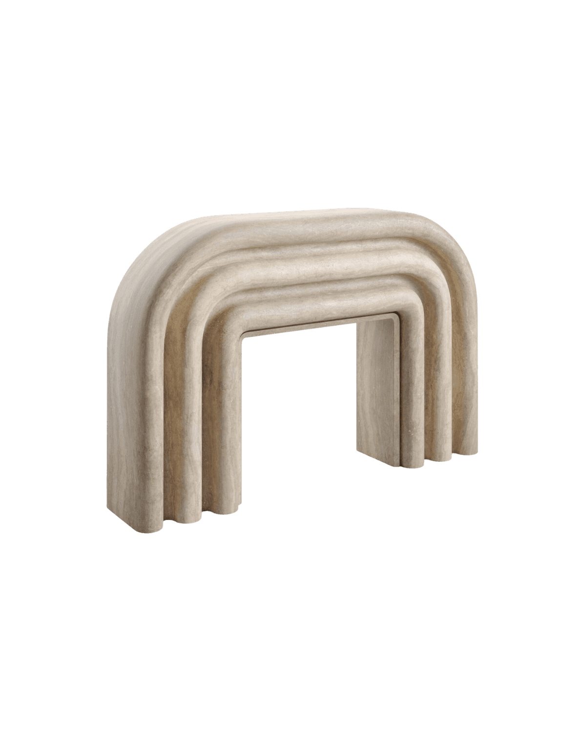 Y Yara Fireplace by Kelly Boukobza – sculptural travertine fireplace, nested arches and fluted stone ends, Y. collection