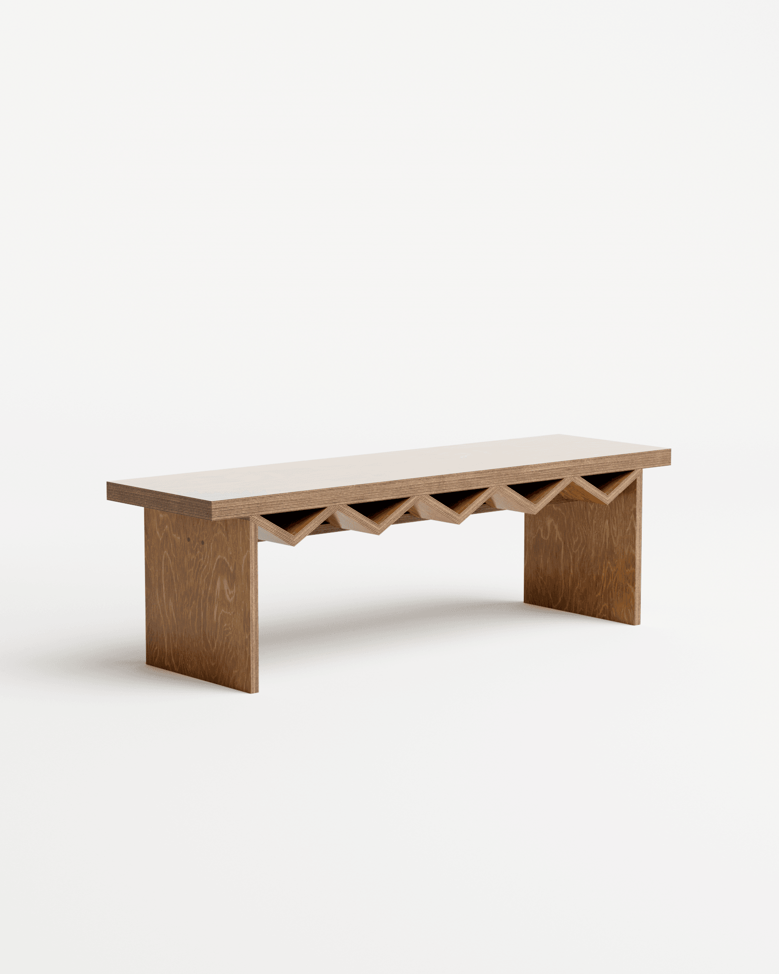 Just For Me Bench by Goons - plywood single bench, zigzag base with triangular voids beneath the seat
