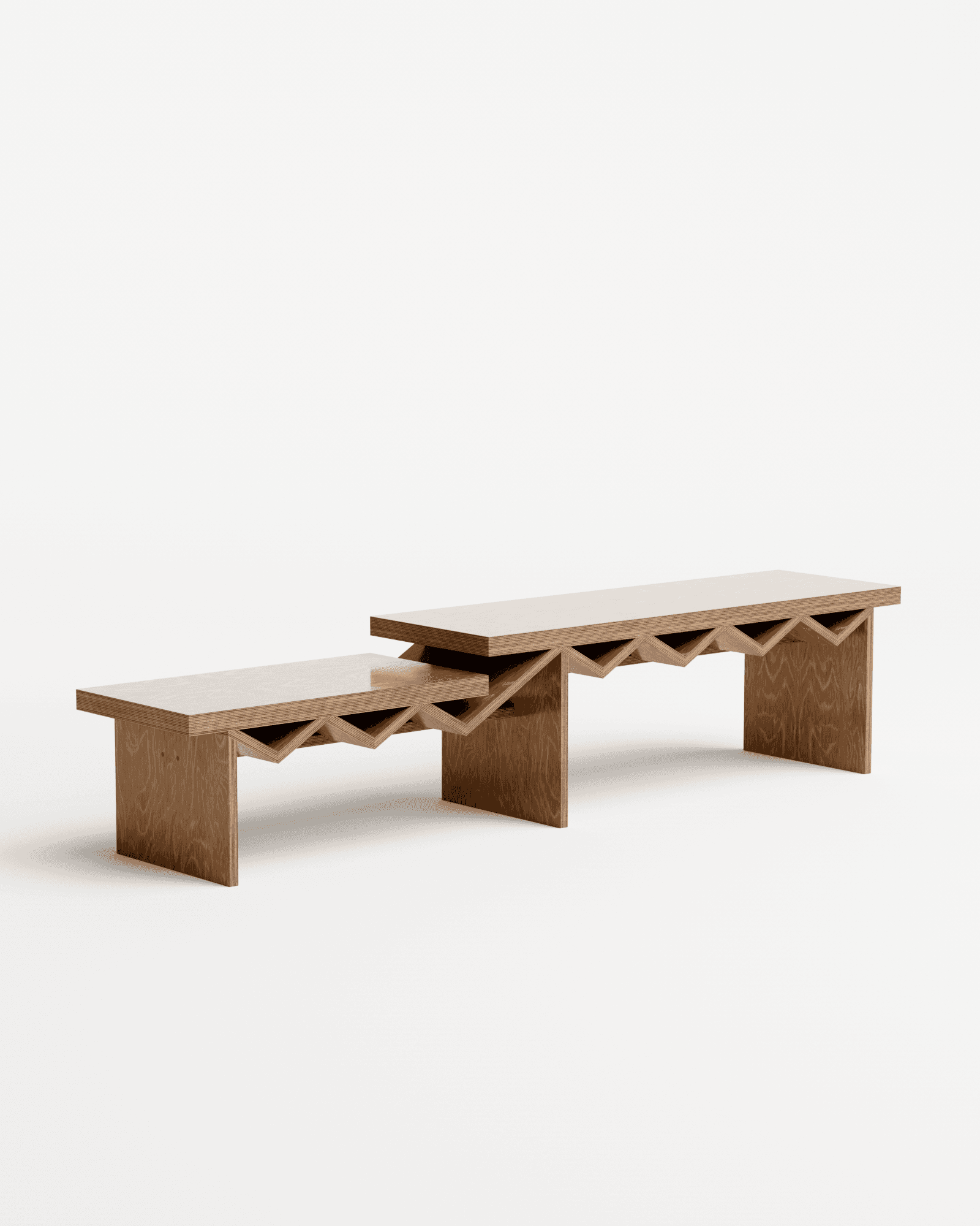 One For Me One For You bench by Goons - birch plywood, two staggered platforms on zigzag base