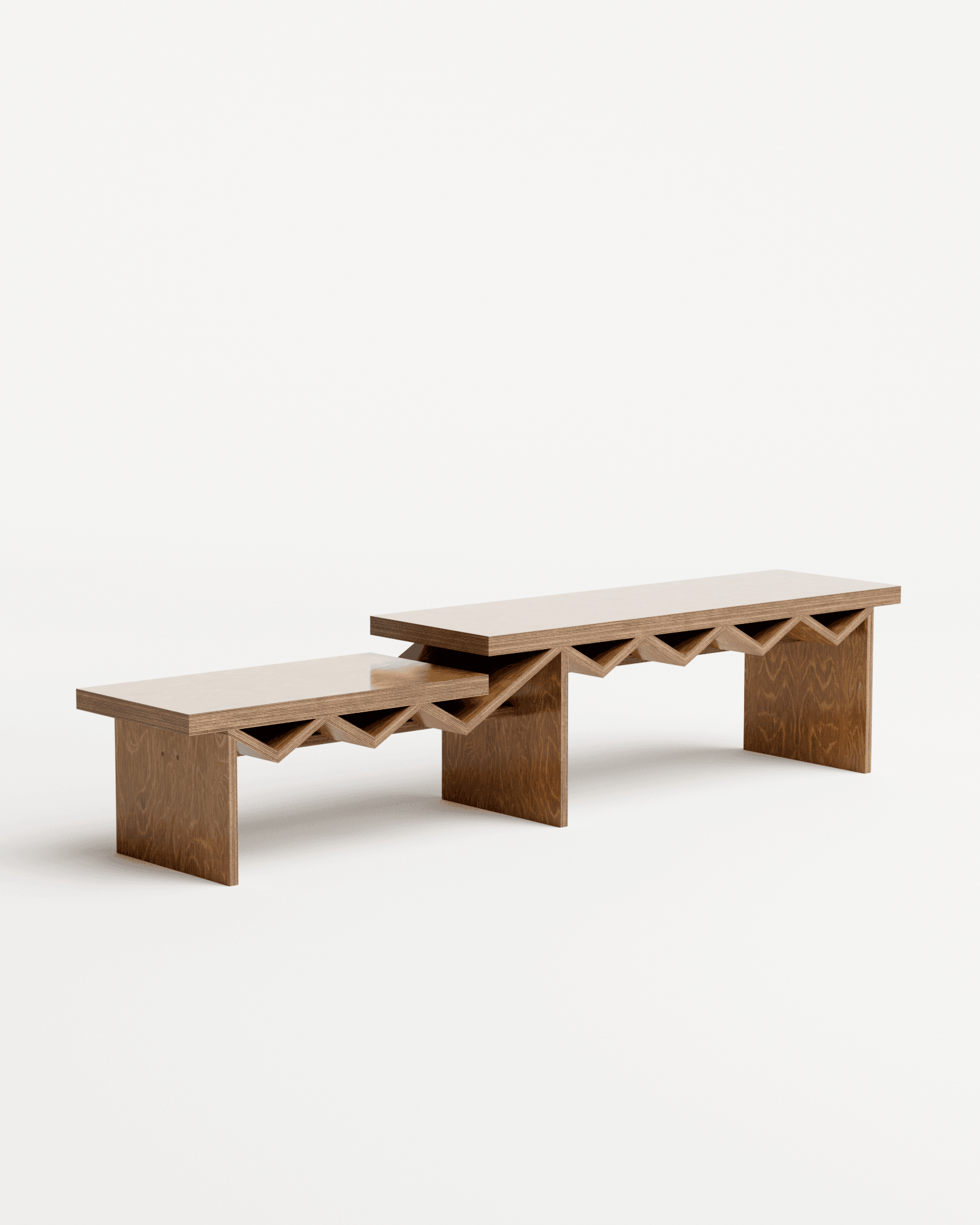 One For Me One For You bench by Goons - birch plywood, two staggered platforms on zigzag base