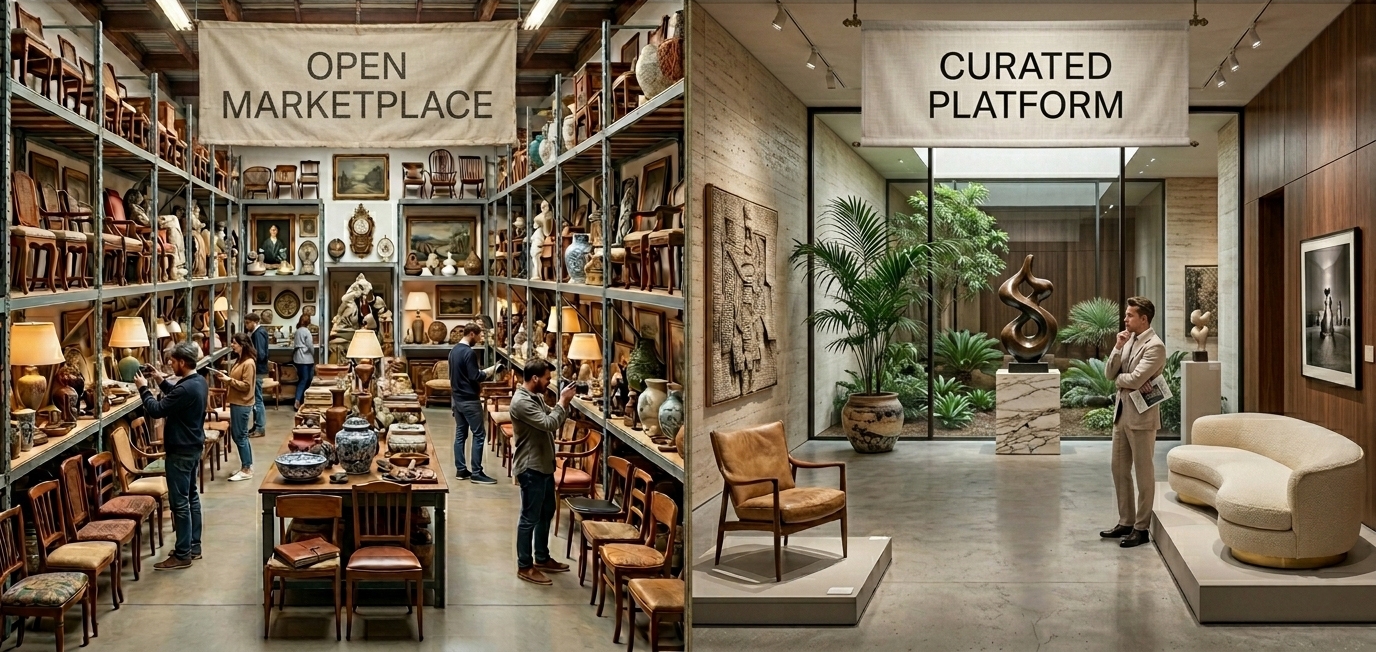 1stDibs vs Monde Singulier, open marketplace compared to curated design platform