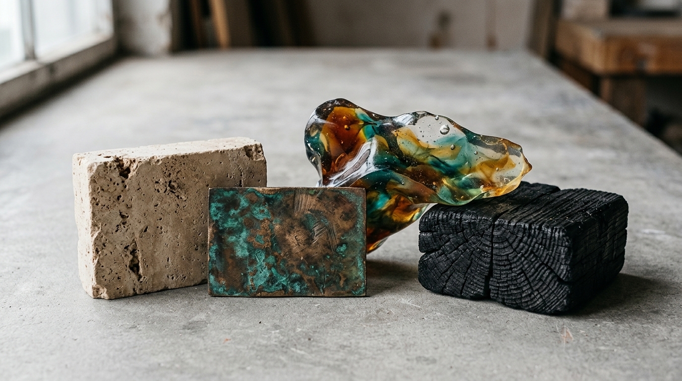 Collectible design materials, travertine, stone, bronze resin and wood textures